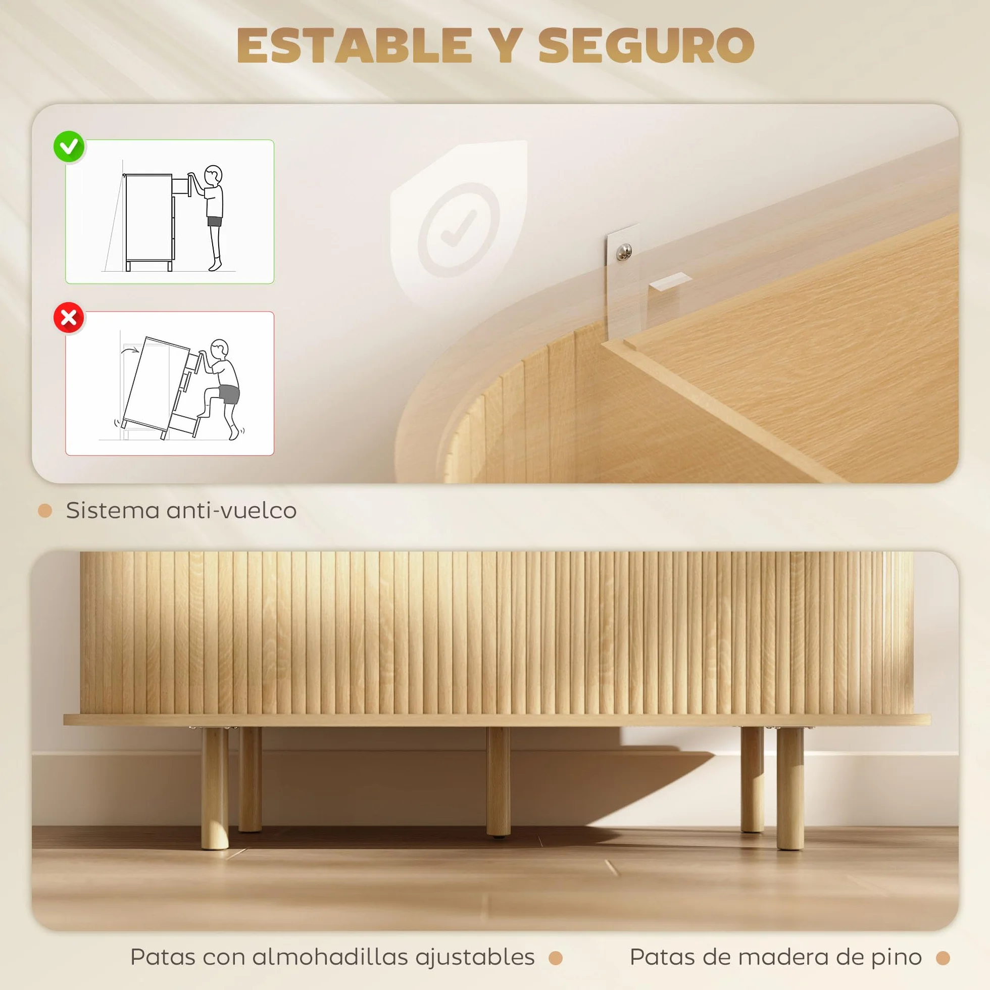 HOMCOM Aparador con Puertas Tambour Deslizantes, 4 Compartimentos, Patas de Madera, Roble, 120x40x78 cm