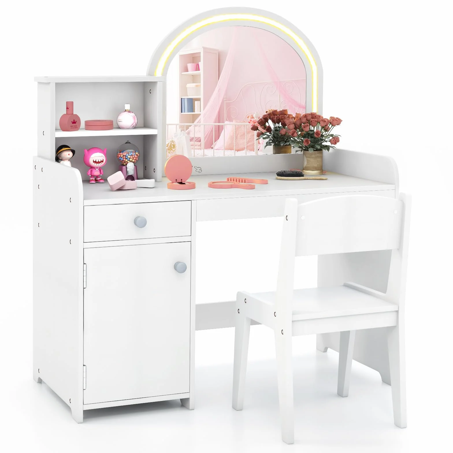 COSTWAY Tocador de Maquillaje Niña con Luces LED 2 Colores, Mesa y Silla para Niños, Espejo Acrílico Blanco