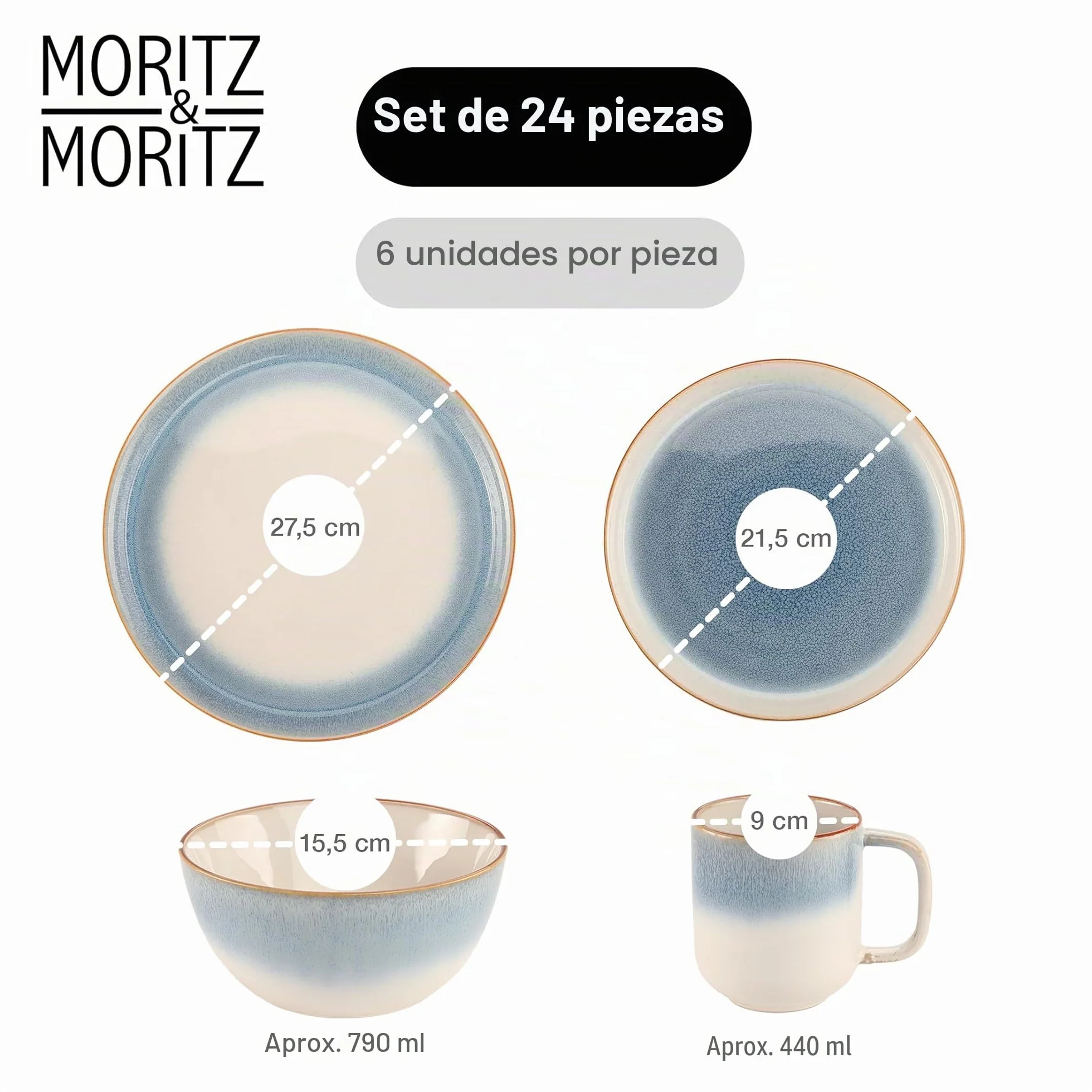 Moritz & Moritz Tarento - Juego de vajilla para 6 personas (24 piezas), color azul