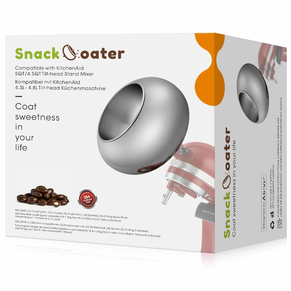 Aieve Revestimiento de aperitivos compatible con batidora de 4.5 cuartos de galón y Artisan Series de 5 cuartos de galón para hacer almendras cubiertas de chocolate, capacidad