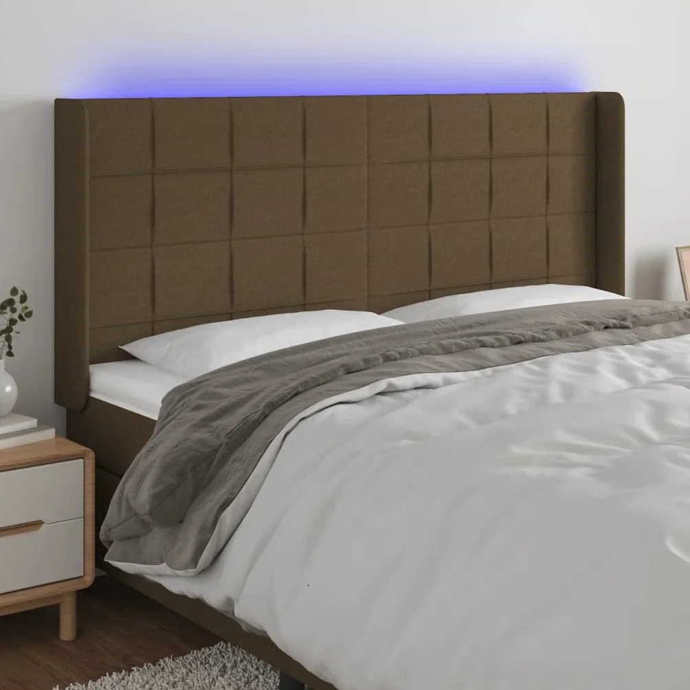 Cabecero de cama LED marrón oscuro, 203 x 16 x 118/128 cm, altura ajustable con tiras LED coloridas, acolchado transpirable, cabecero para jóvenes y adultos en el dormitorio
