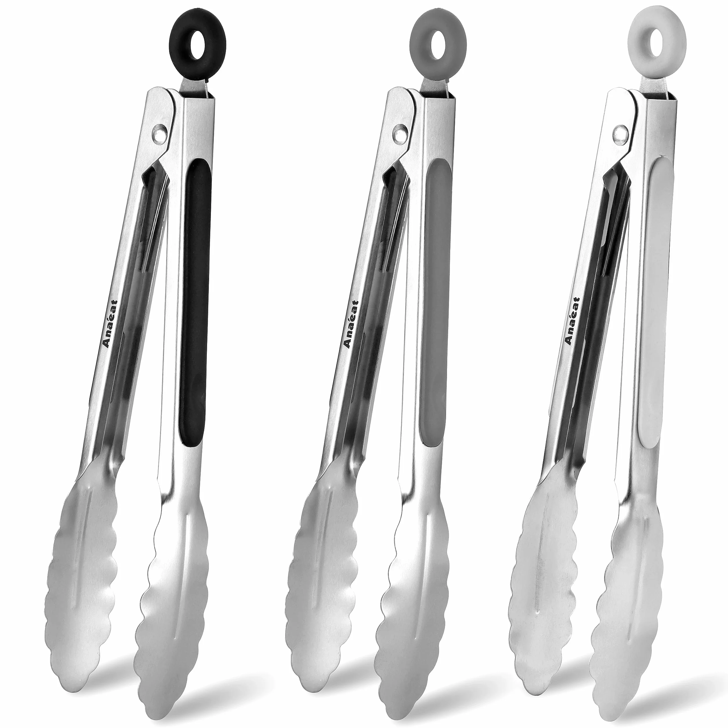 Anaeat Paquete de 3 mini pinzas de bloqueo de acero inoxidable de 7 pulgadas, pinzas de cocina resistentes con puntas de silicona antideslizantes y agarre para servir, cocinar, hornear y barbacoa