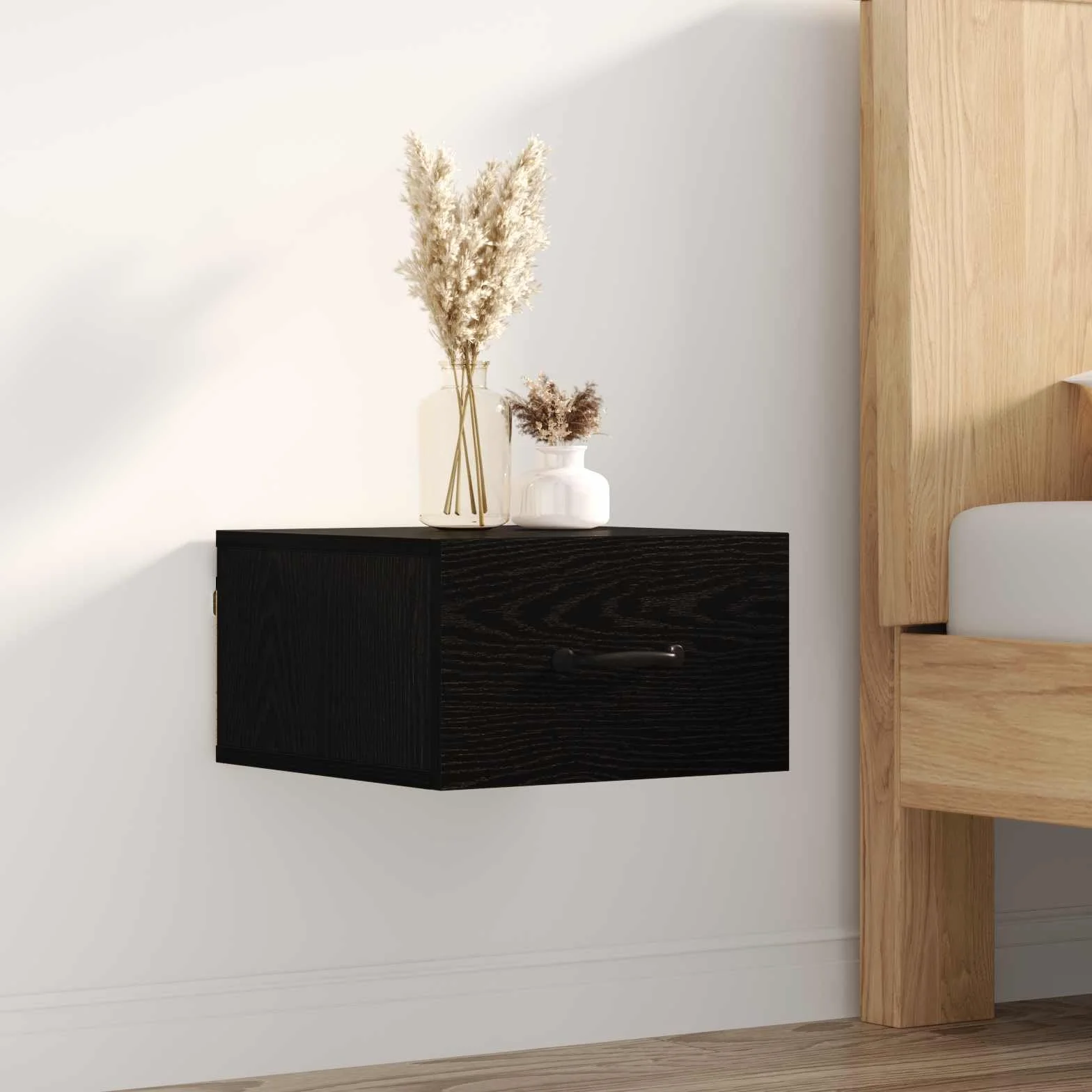 Juego de mesita de noche de pared, 1 unidad, color negro, 35 x 35 x 20 cm, con cajón, mesita de noche colgante de madera y diseño montado en la pared con espacio de almacenamiento para el