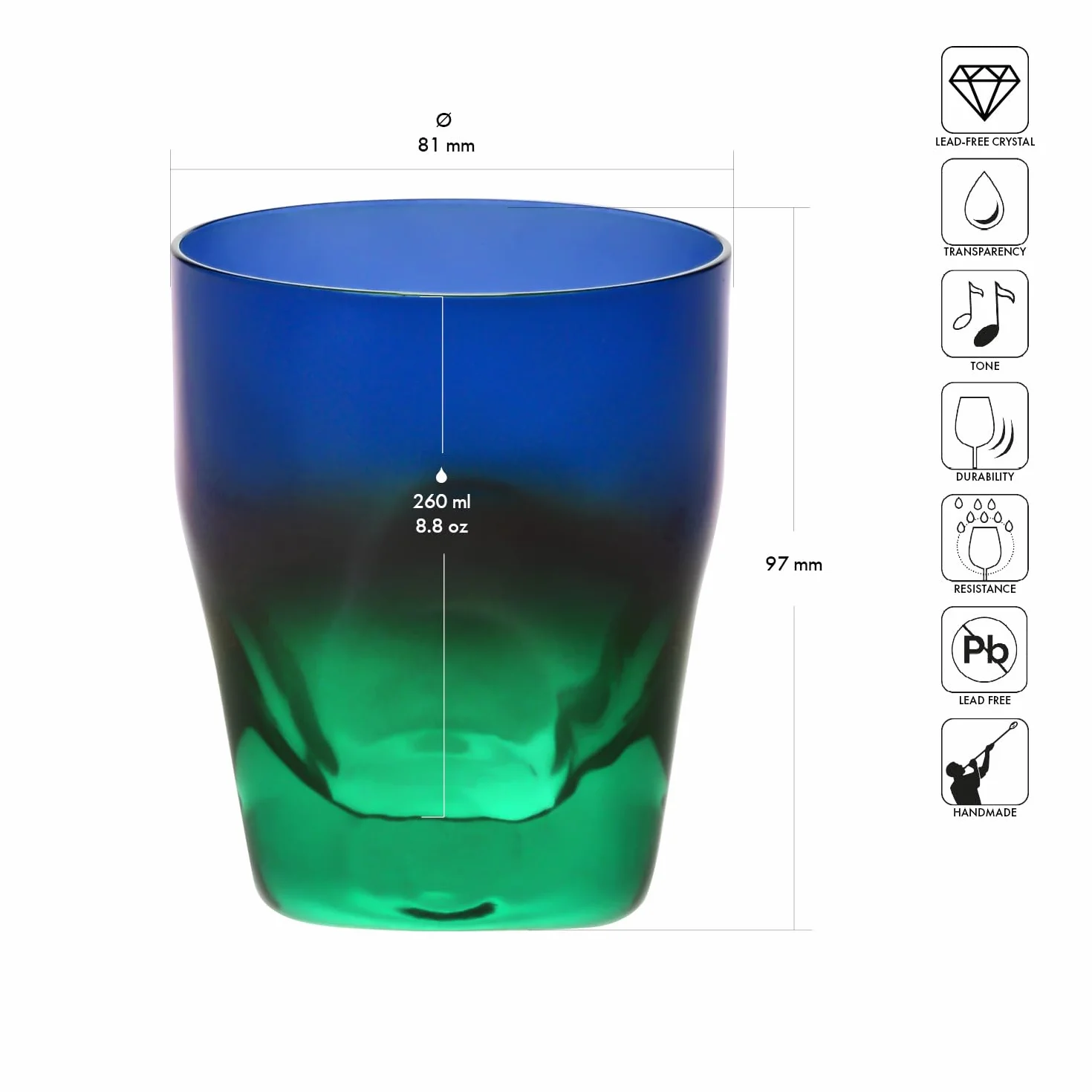 Krosno – Vasos de whisky, Cócteles y Bebidas 260 ml – Set de 4 unidades en 4 colores únicos – Colección Aurora – Cristal sin Plomo – Pintados a Mano