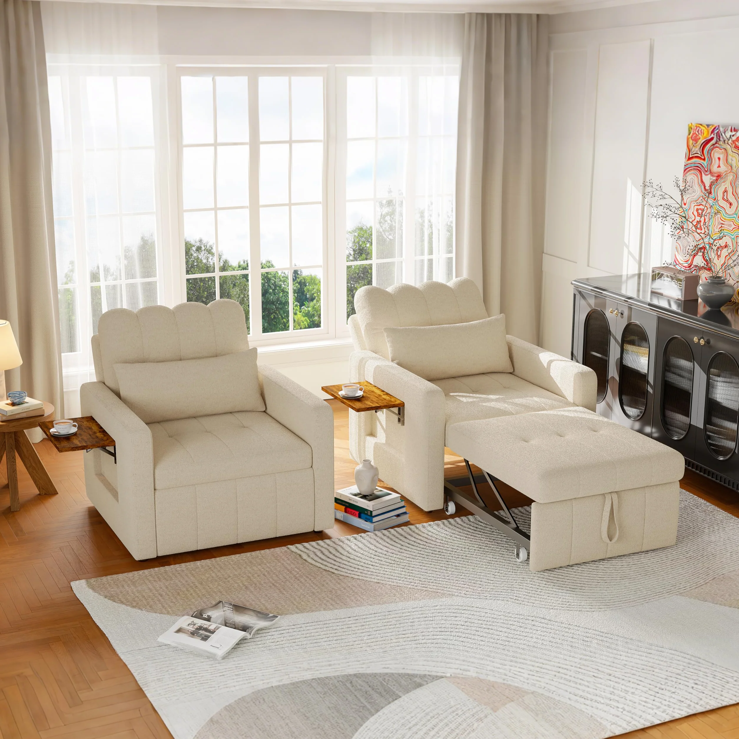 Sillón 3 en 1 convertible, sillón cama con función de cama, sillón ajustable con cojín y bolsillo lateral, sillón con función de dormir para apartamentos pequeños (beige, silla 3 en 1)