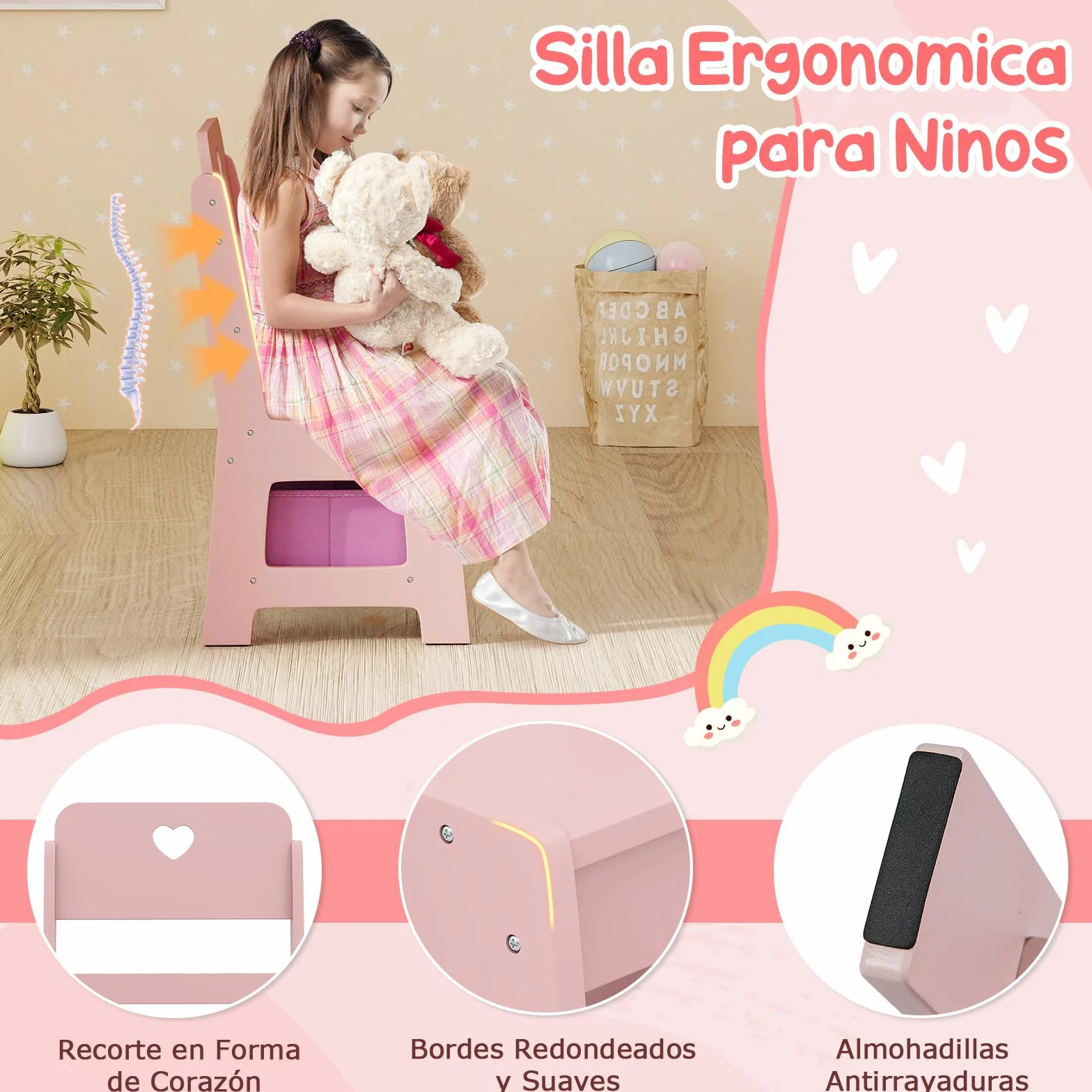 COSTWAY Tocador Niña con Espejo y Luces, Mesa de Maquillaje con Estantes y Caja de Tela, Rosa