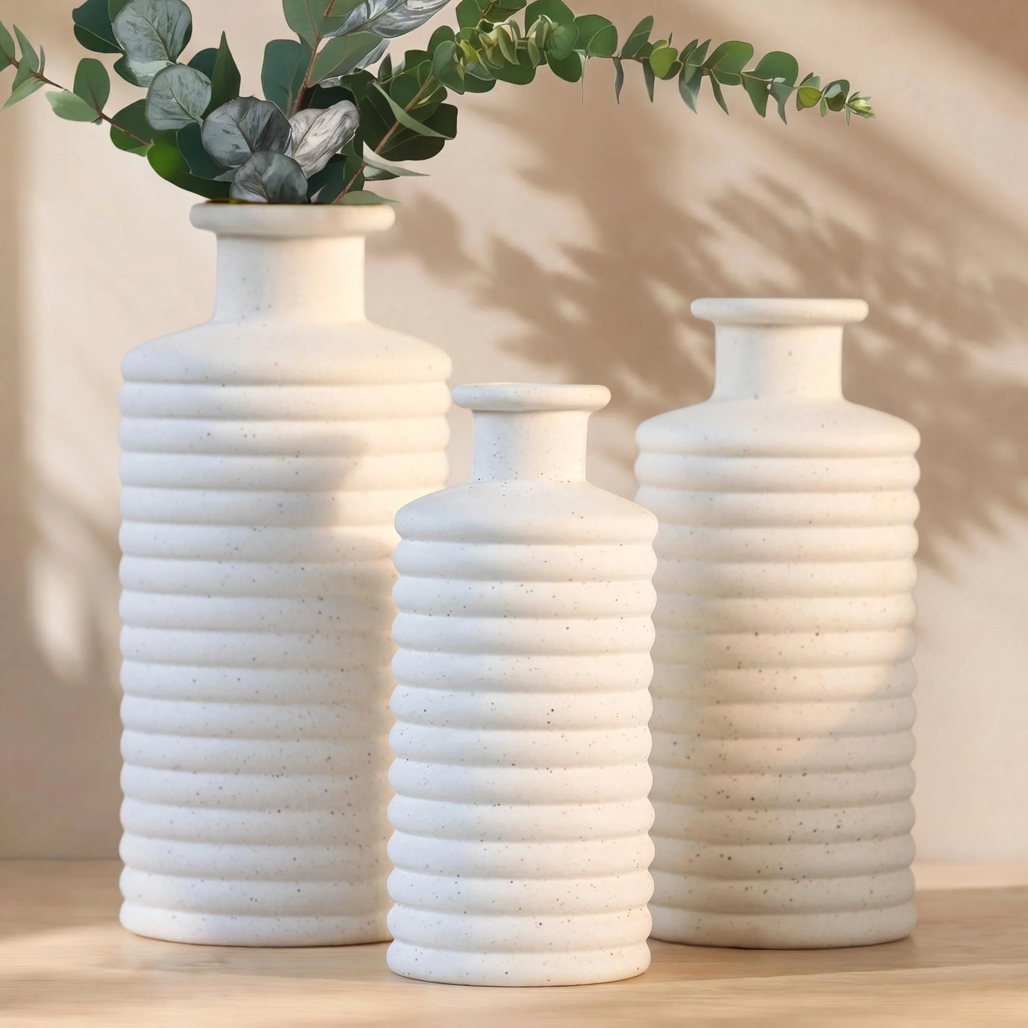 Juego de 3 jarrones de cerámica, acabado mate blanco cálido, jarrón decorativo para decoración del hogar, jarrón nórdico minimalista para decoración de oficina, hotel, jarrones rústicos para