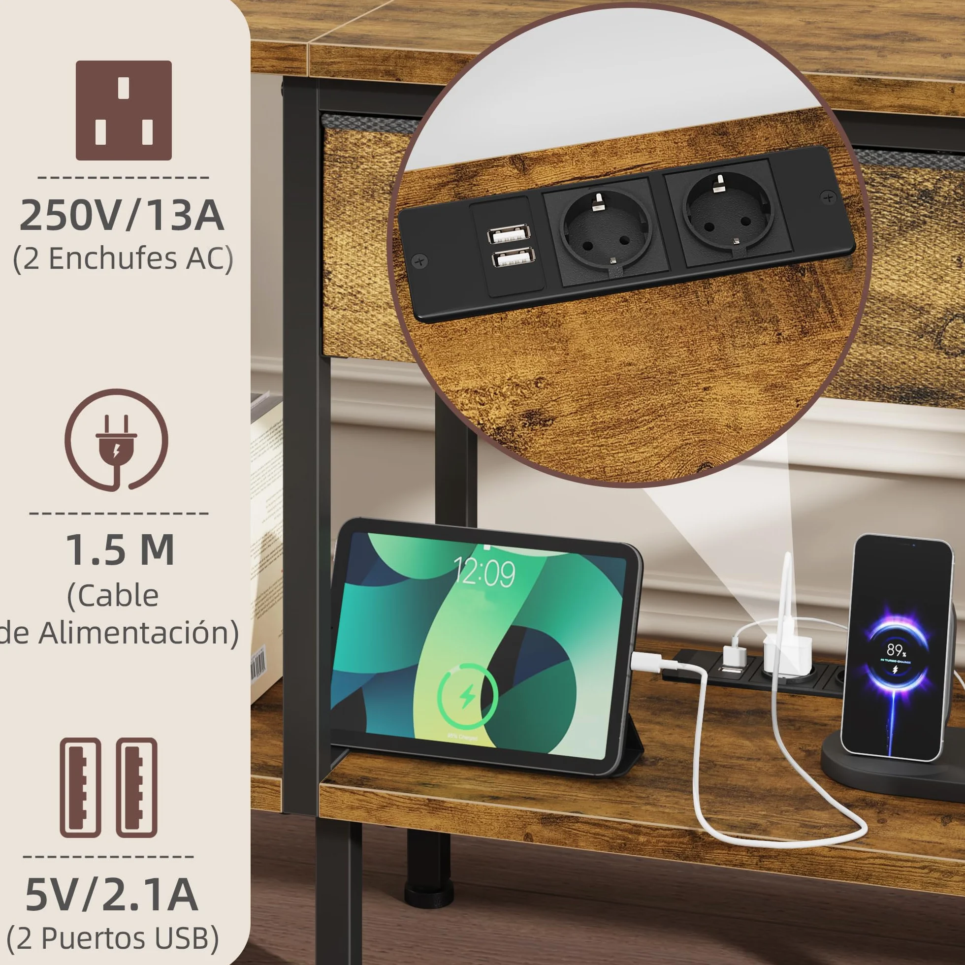 Mueble de TV con Enchufe, Mesa Television con Iluminación LED, Cajón de Tela y Estantes, Mueble Bajo Salon de 140 cm para TV de hasta 65″, para Sala de Estar y Dormitorio, Marrón Rústico