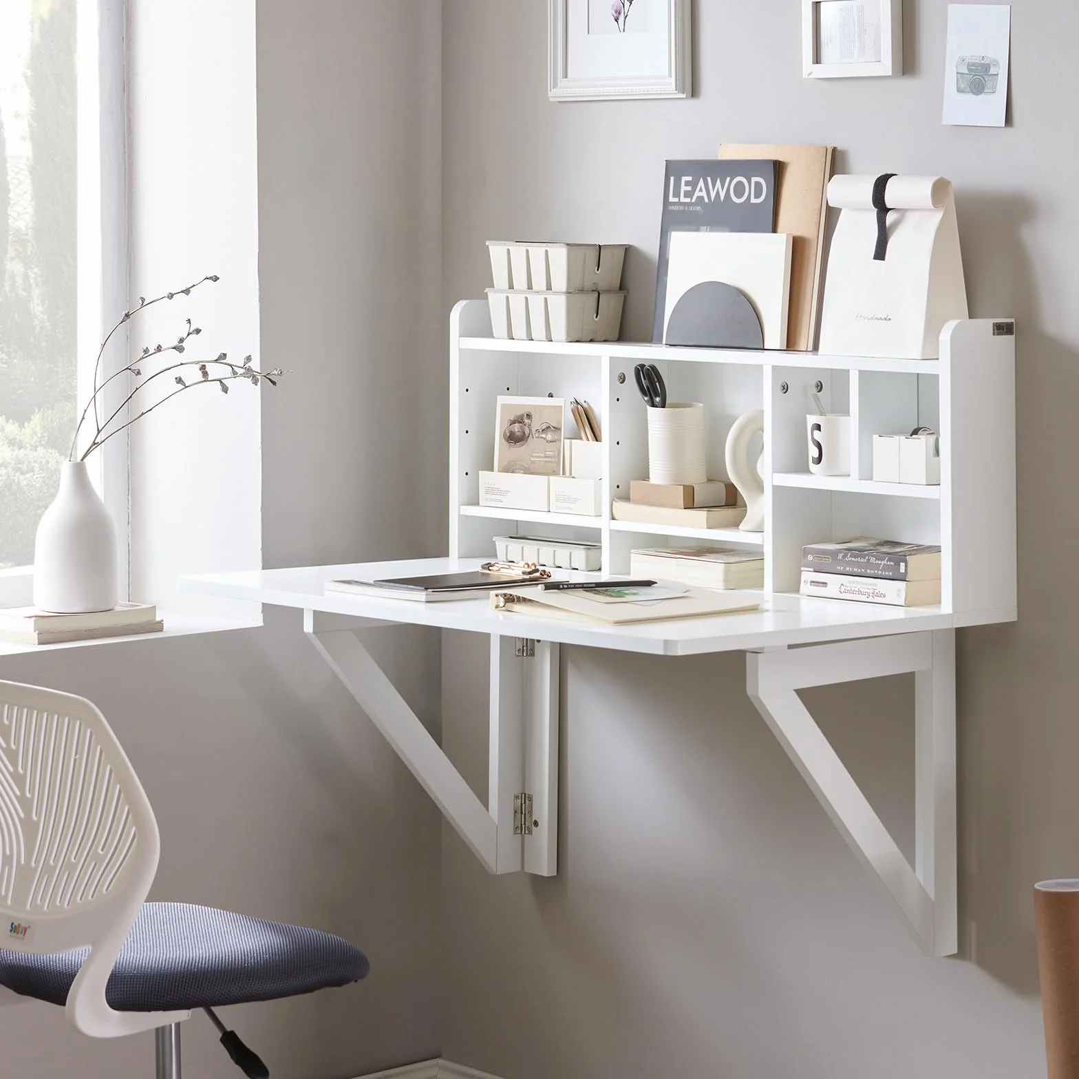 SoBuy Mesa Plegable de Pared con estantería, Mesa de Cocina Plegable Auxiliar, Mesa Comedor Blanca para Cocina pequeña, Mesa de Pared abatible 90x60 cm, 90x78x60 cm FWT07-II-W