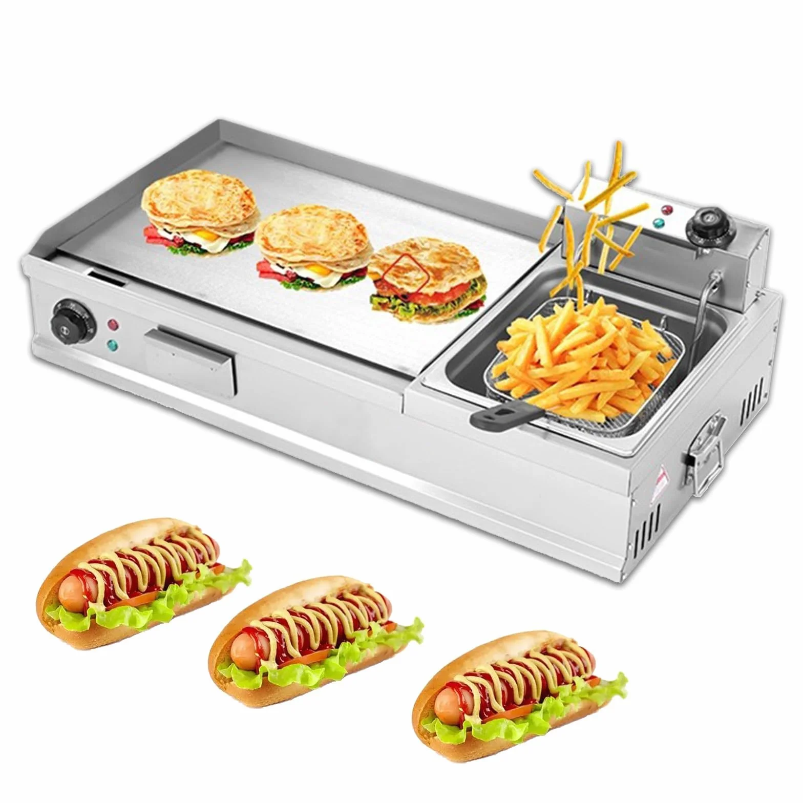 Plancha eléctrica Comercial con freidora y Rejilla para sazonar, cocinar en Interiores y para Asar a la Plancha de Forma versátil, tamaño_Nombre-S,S,S