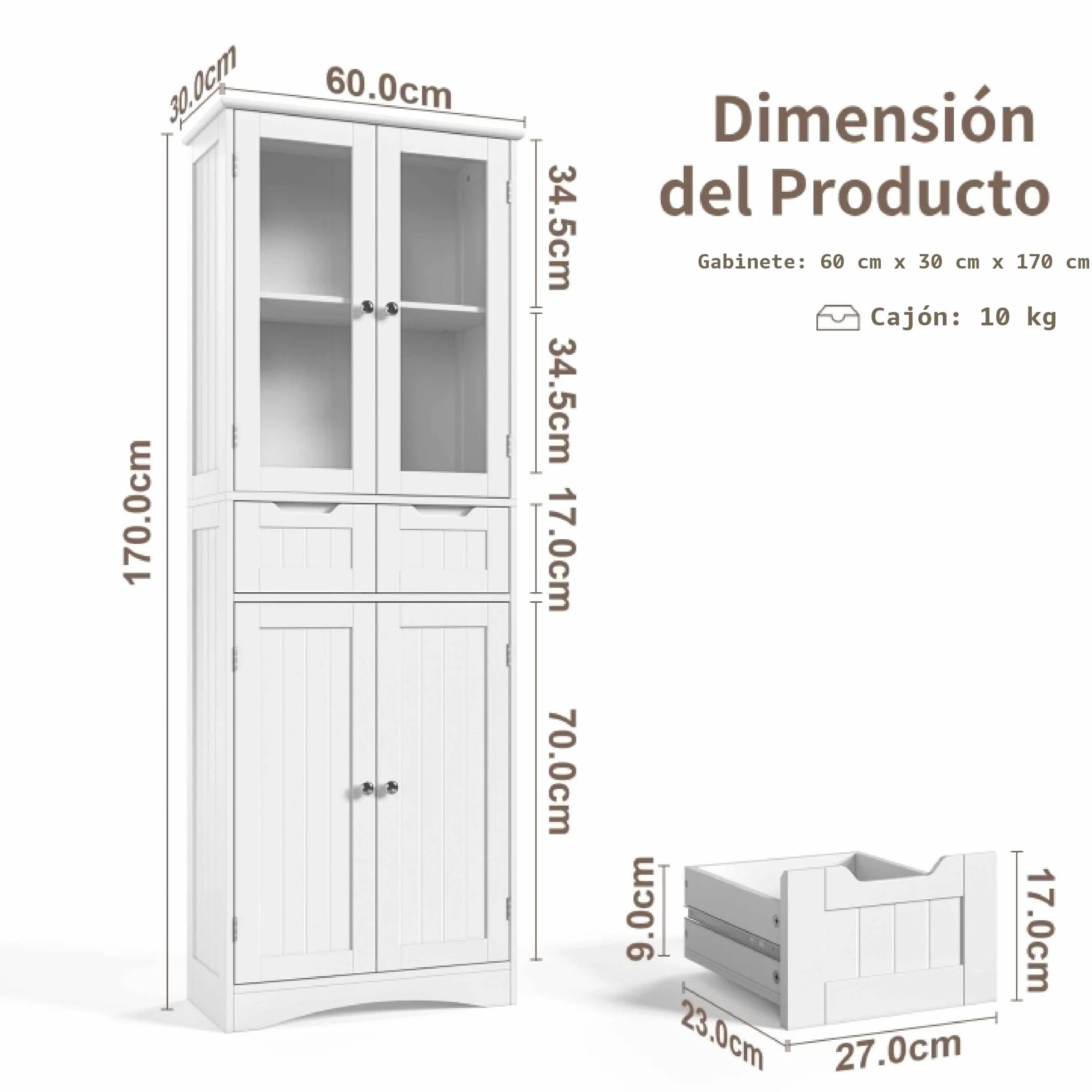 Xbro 170cm Alacena de Cocina, Mueble Despensa con 4 Armarios y 2 Cajones, Armario con Diseño Antivuelco, Alacena de Madera para Cocina, Salón y Comedor (Blanco)
