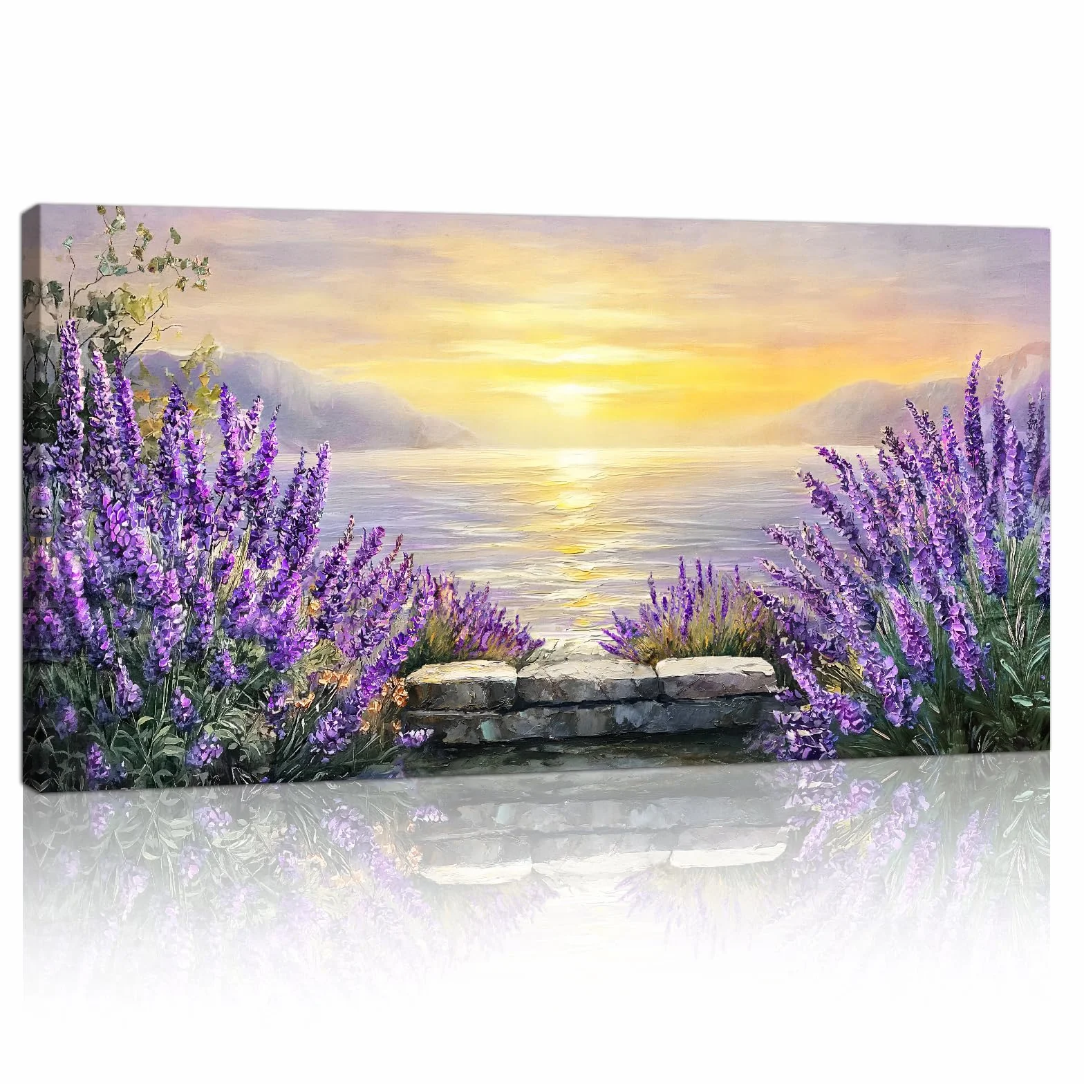 Grandes Dorado Lago Montaña Paisaje Cuadros Decoracion Salon Con Marco Morado Lavanda Campos Cuadros y Láminas Romántico Puesta Sol Paisaje Pintura Lienzos Decorativos para Salon Dormitorios 50X100cm