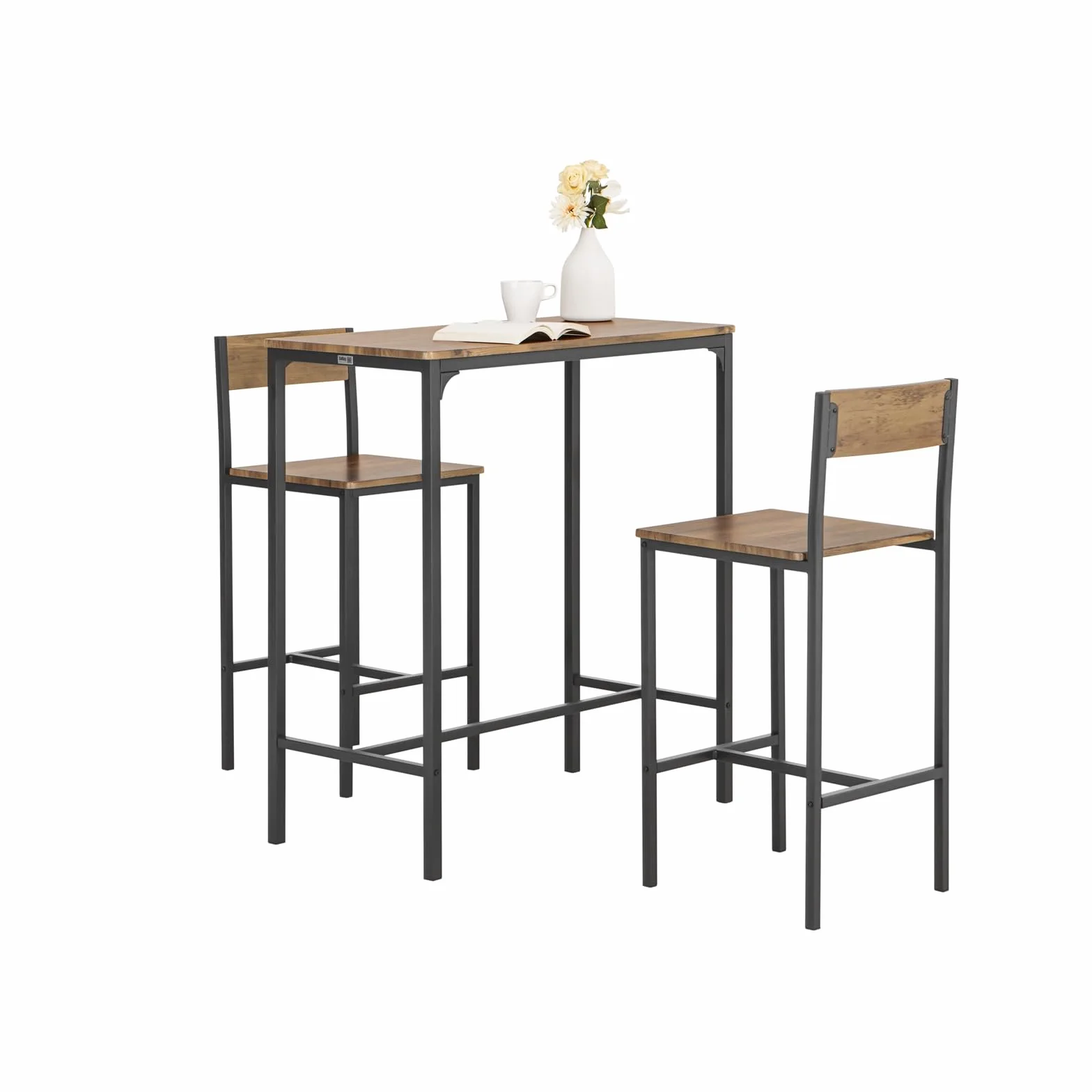SoBuy Conjunto Mesa Alta de Cocina con 2 taburetes Altos – Mesa Barra Cocina 100 cm Altura – Ahorra Espacio para Comedor pequeño o balcón – Estilo Industrial Madera y Metal OGT03-XL
