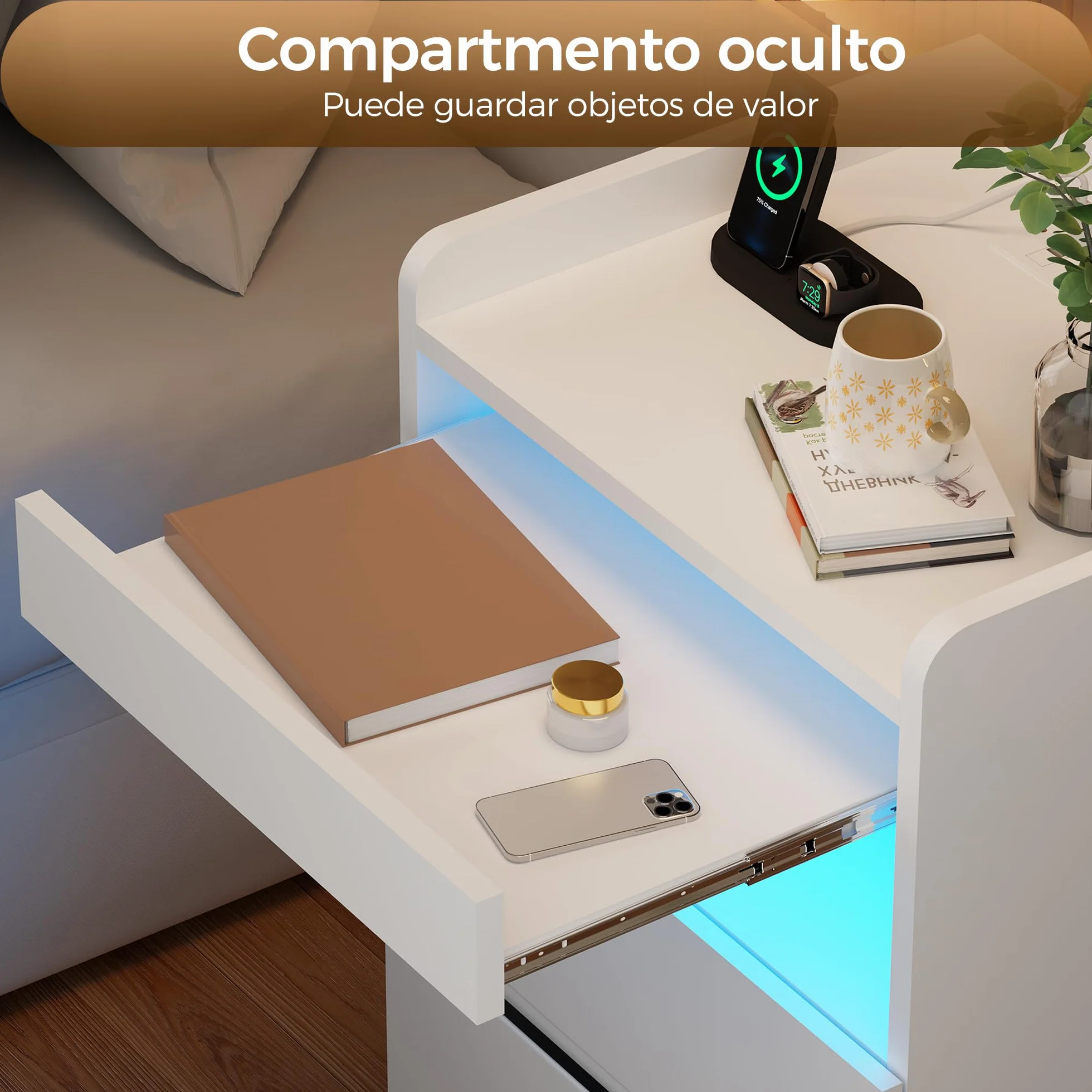 BEWISHOME Juego de 2 Mesitas de Noche,con Compartimento Oculto,con Luces LED y Estación de Carga Mesas Auxiliares(2 Tomas AC 2 Puertos USB),para Salón,Dormitorio (Blanco) EFCG02W