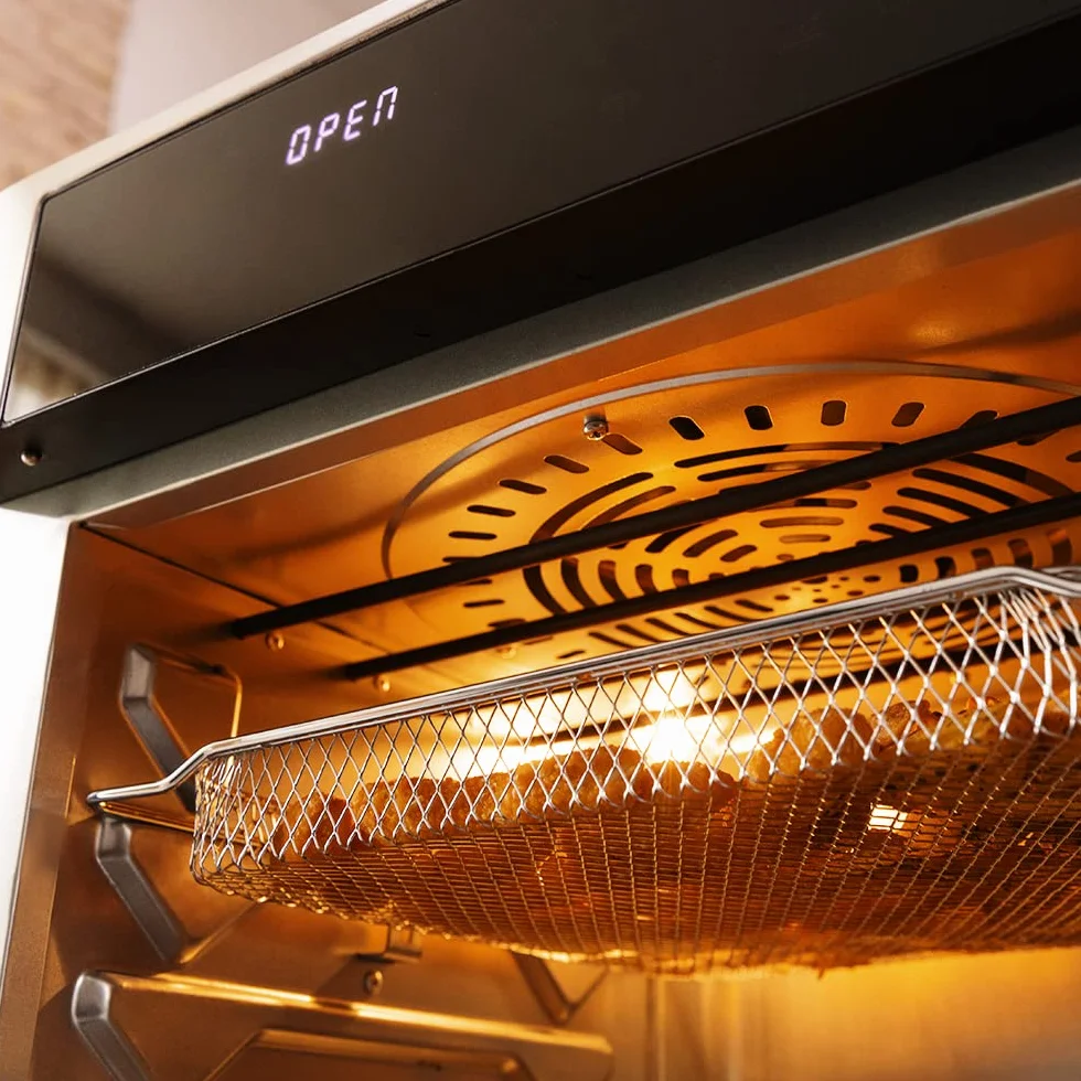 Cecotec Horno Freidora de Aire Caliente Bake&Fry 3000 Touch Steel. 1600 W, 30 Litros, Convección, Pantalla Táctil, 9 Funciones, Temperatura y Altura Regulable, Acero Inoxidable