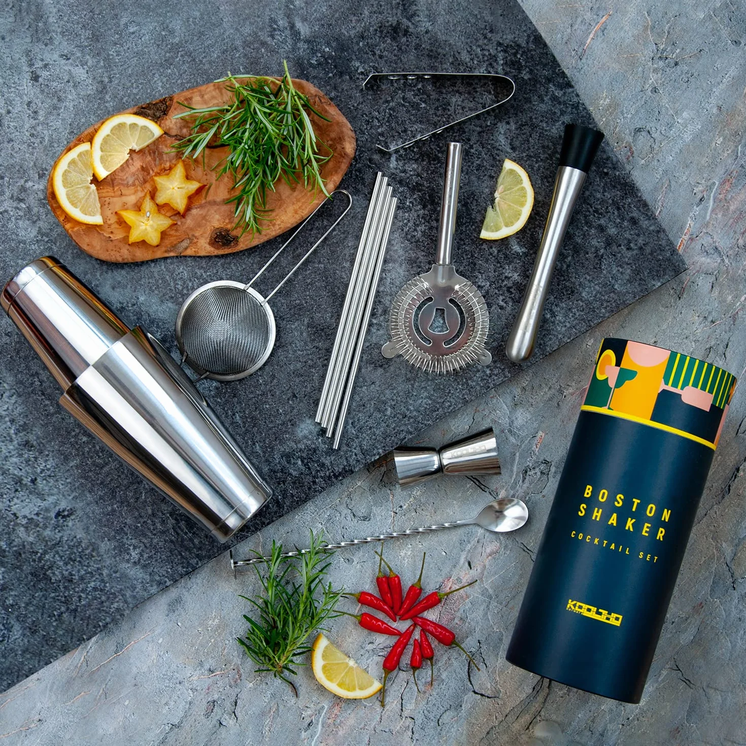 Coctelera Profesional Boston Shaker Set, Kit Cocteleria Boston Tin con Accesorios Cocktail Acero Inoxidable para Cóctel Mojito en Caja Personalizable, Regalo Hombre o Mujer Original