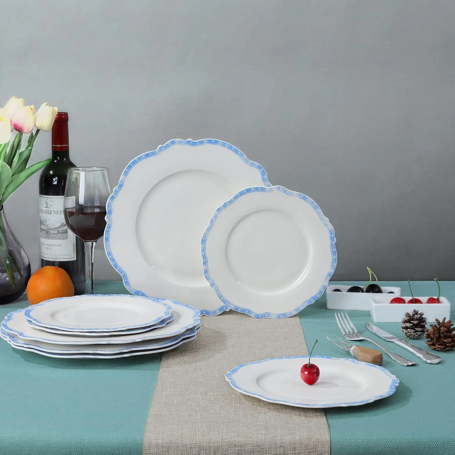 fanquare Juego de 4 Platos de Porcelana con Borde Estrella Azul, 27,5 cm Platos Llanos Redondos Vajilla Grande de Casa Gastronomía | Platos curvados para comidas diarias, fiestas, banquetes, microondas