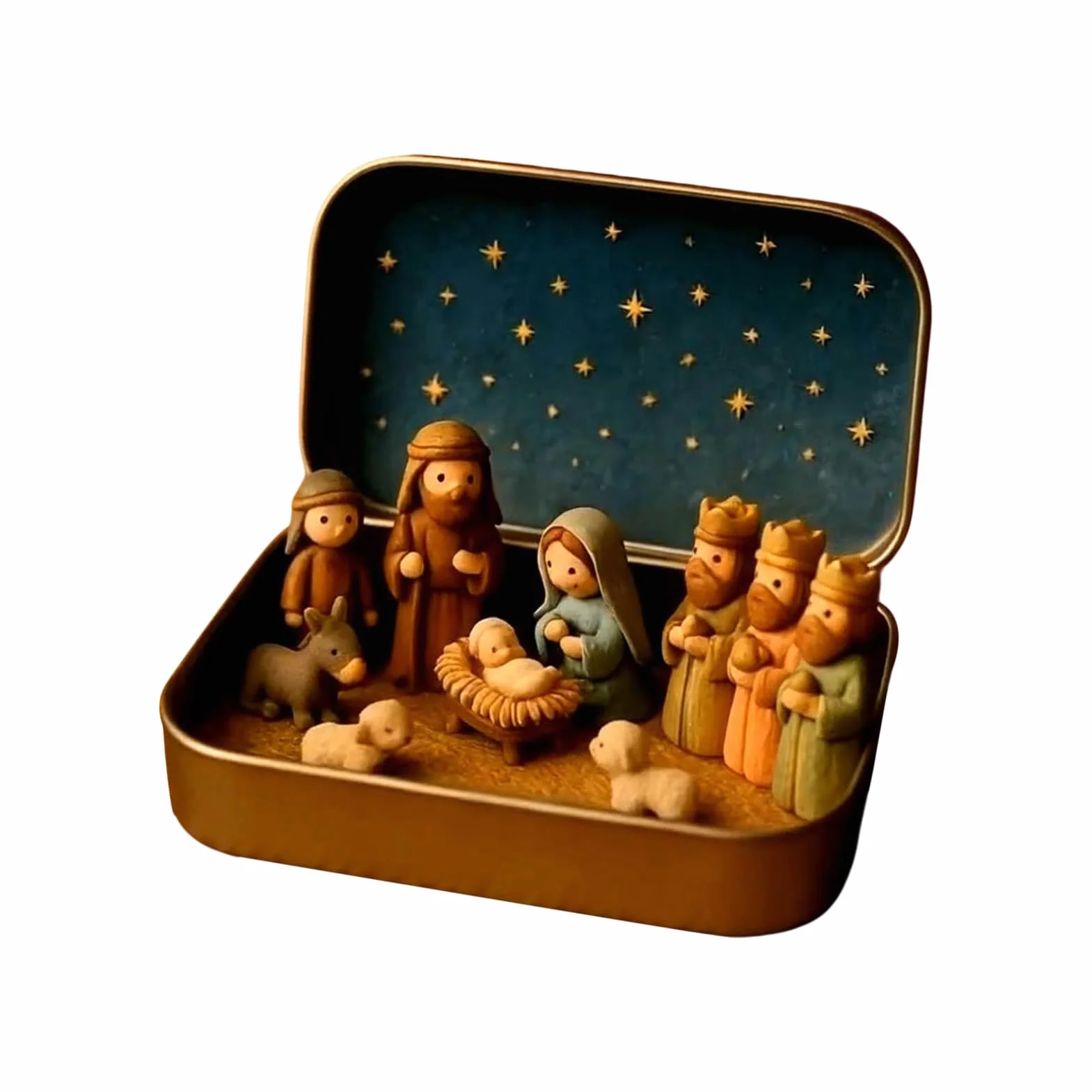 Belén en Caja de Hojalata 13x2.5x8cm Figuras Mini Sagrada Familia Navidad Regalo