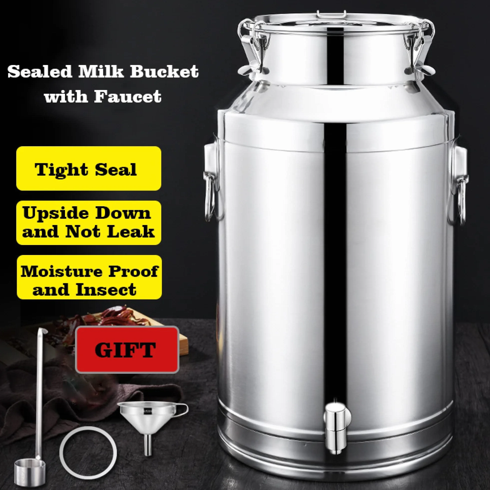 Lata de transporte de leche con sello de 5L / 14L Cubo de leche de acero inoxidable Barril de cubo de vino con espiga de grifo - Jarra de mano de agua Contenedor de líquido Bote (Plateado, 14L)