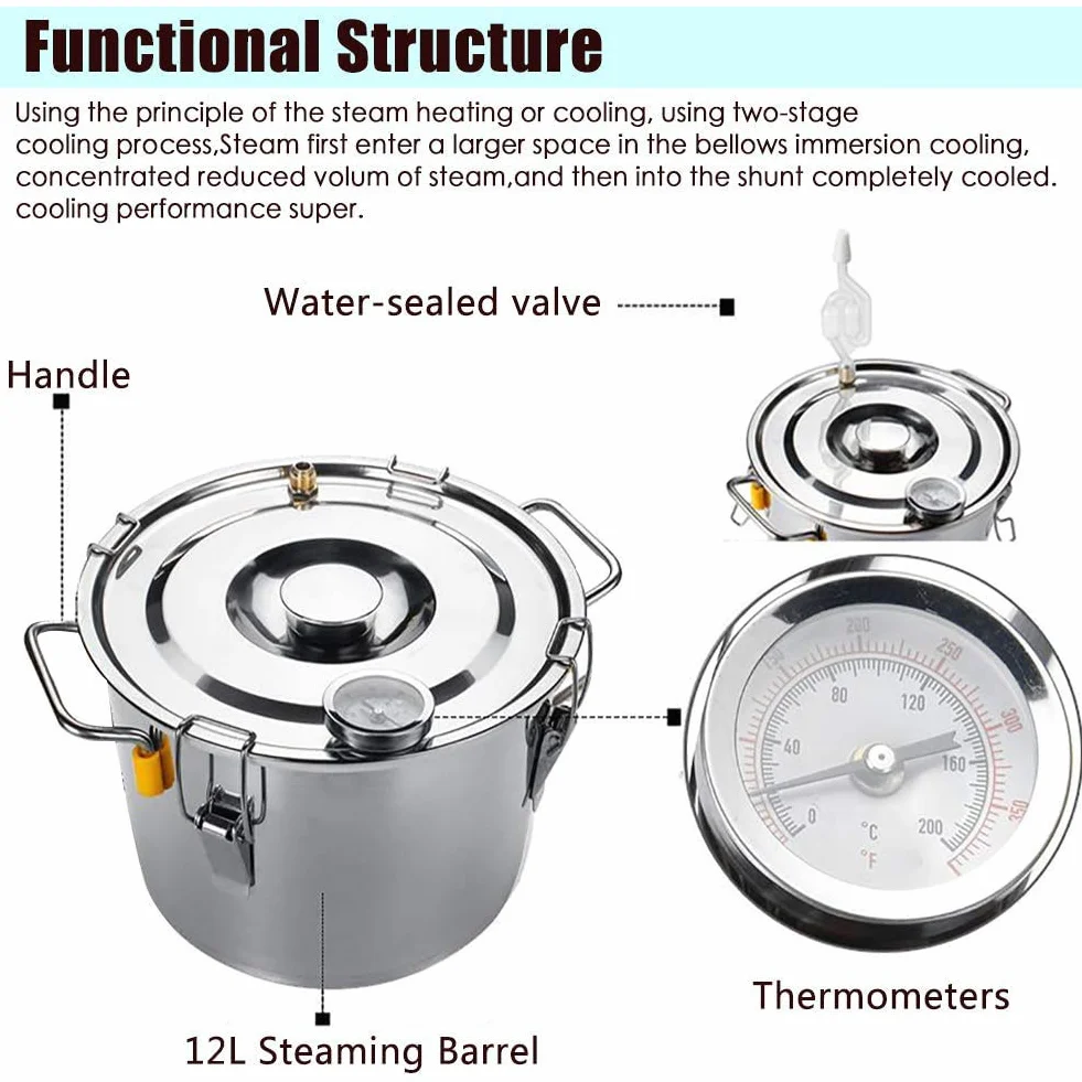 JIXIN Alambique, 3Gal 12L Destilador De Alcohol Moonshine Todavía Termómetro Incorporado Kits De Destilación Caldera Kit De Elaboración Casera De Acero Inoxidable (3Gal / 12L)