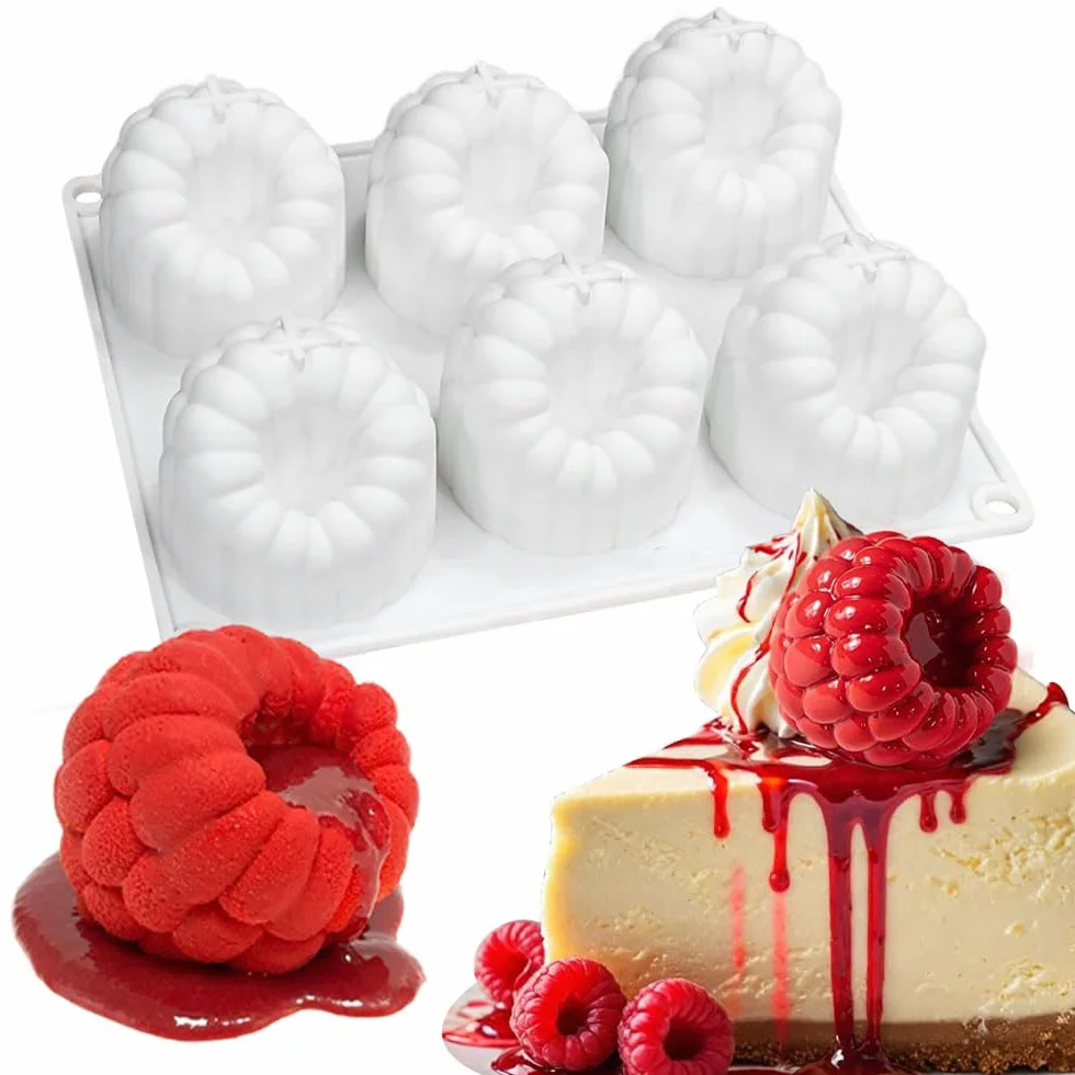 Molde de silicona de grado alimenticio para hornear frambuesas y mousse de 6 agujeros para hornear frambuesas 3D, pudín, pasteles, postre, chocolate, herramientas de decoración de pasteles de frutas
