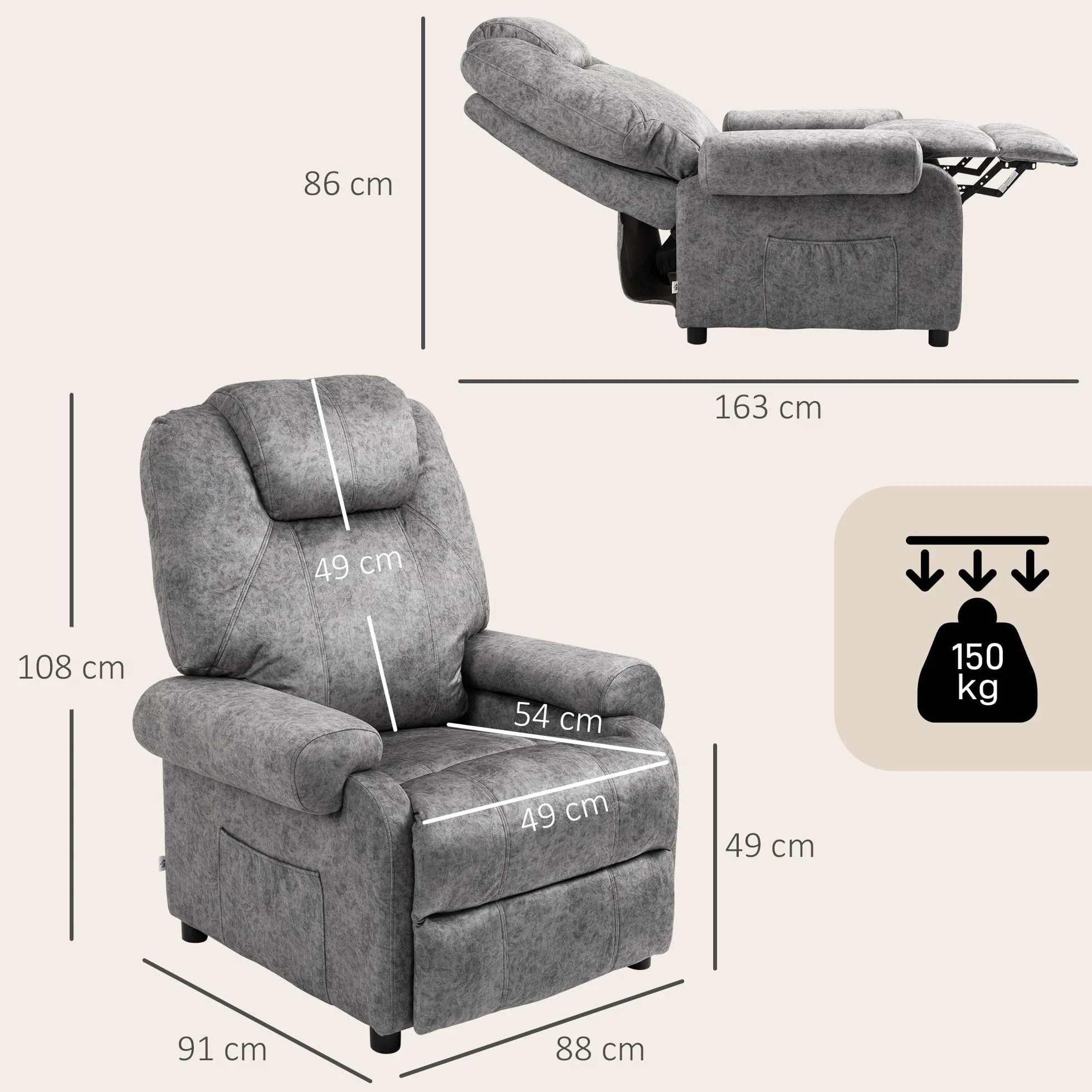 HOMCOM Sillón Relax Reclinable Manual, Sillón Relax de Terciopelo con Reposabrazos, Reposapiés, Acolchado Grueso, Butaca Reclinable hasta 135º para Salón, Dormitorio, Oficina, Gris