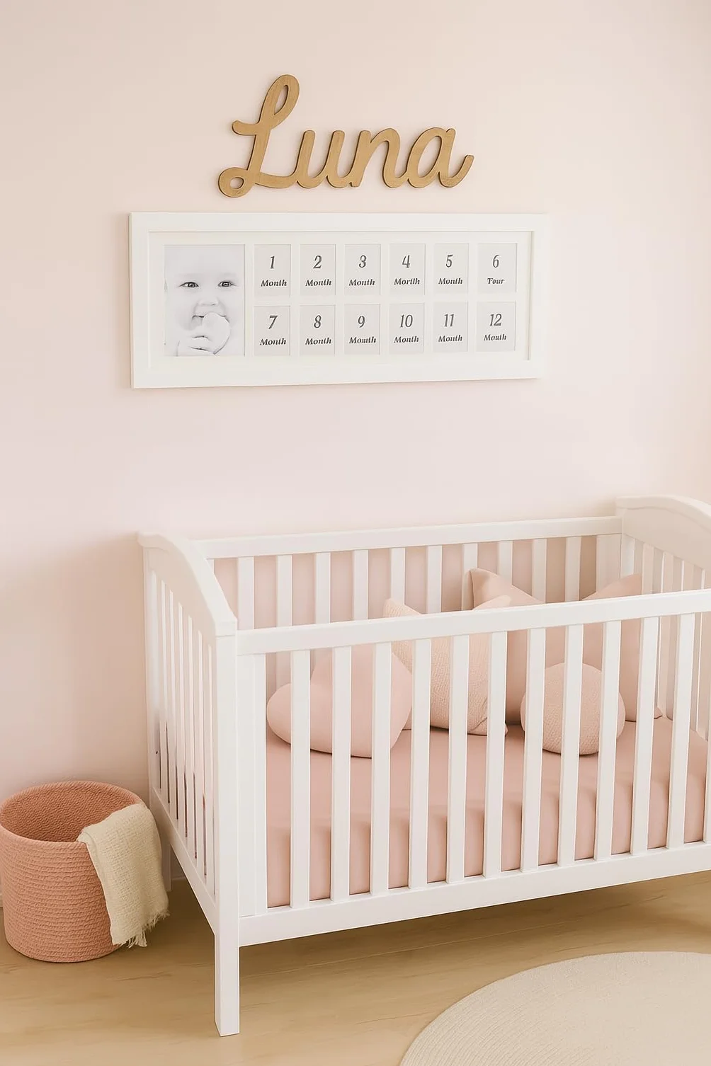 Marco de Fotos Bebe Madera, Multiple 12 Meses Primer Año, 65x30 cm Blanco, Portafotos Multifotos Recien Nacido, Collage Pared Mesa, Decoración Habitación Infantil, Regalo Original