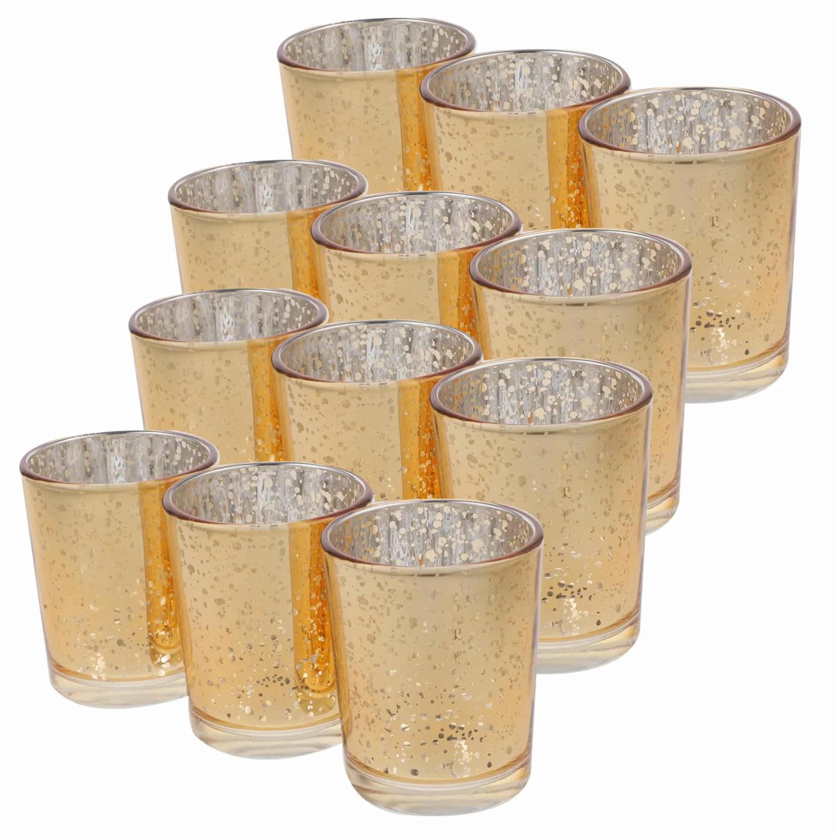 Portavelas de Cristal Dorado 12 Piezas para Velas de Té | Vidrio, Diseño Elegante de Aire Antiguo, Centro de Mesa y Decoración de Sobremesa