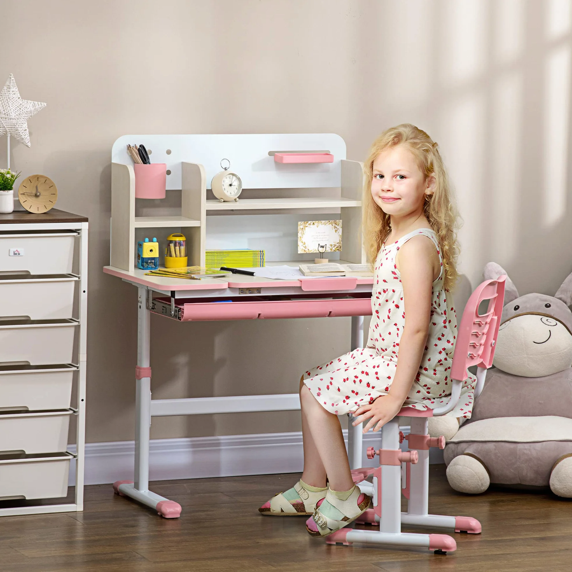 HOMCOM Escritorio y Silla para Niños +3 Años Altura Ajustable Mesa Inclinable Cajón Estantería 80x52x88-109 cm Rosa