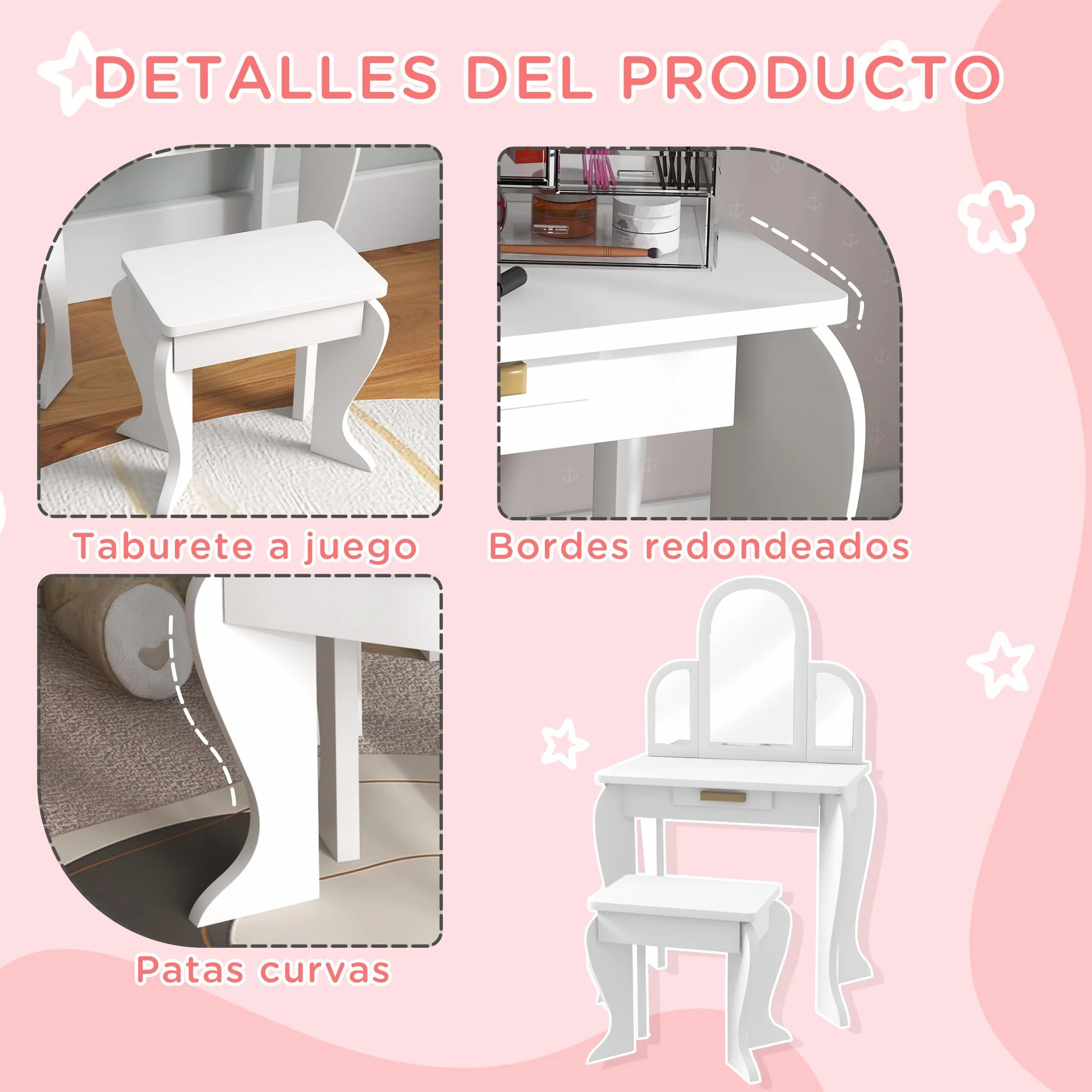 HOMCOM Tocador Infantil con Taburete y Espejo, Cajón, Mesa de Maquillaje para Niñas 3-6 Años, Blanco