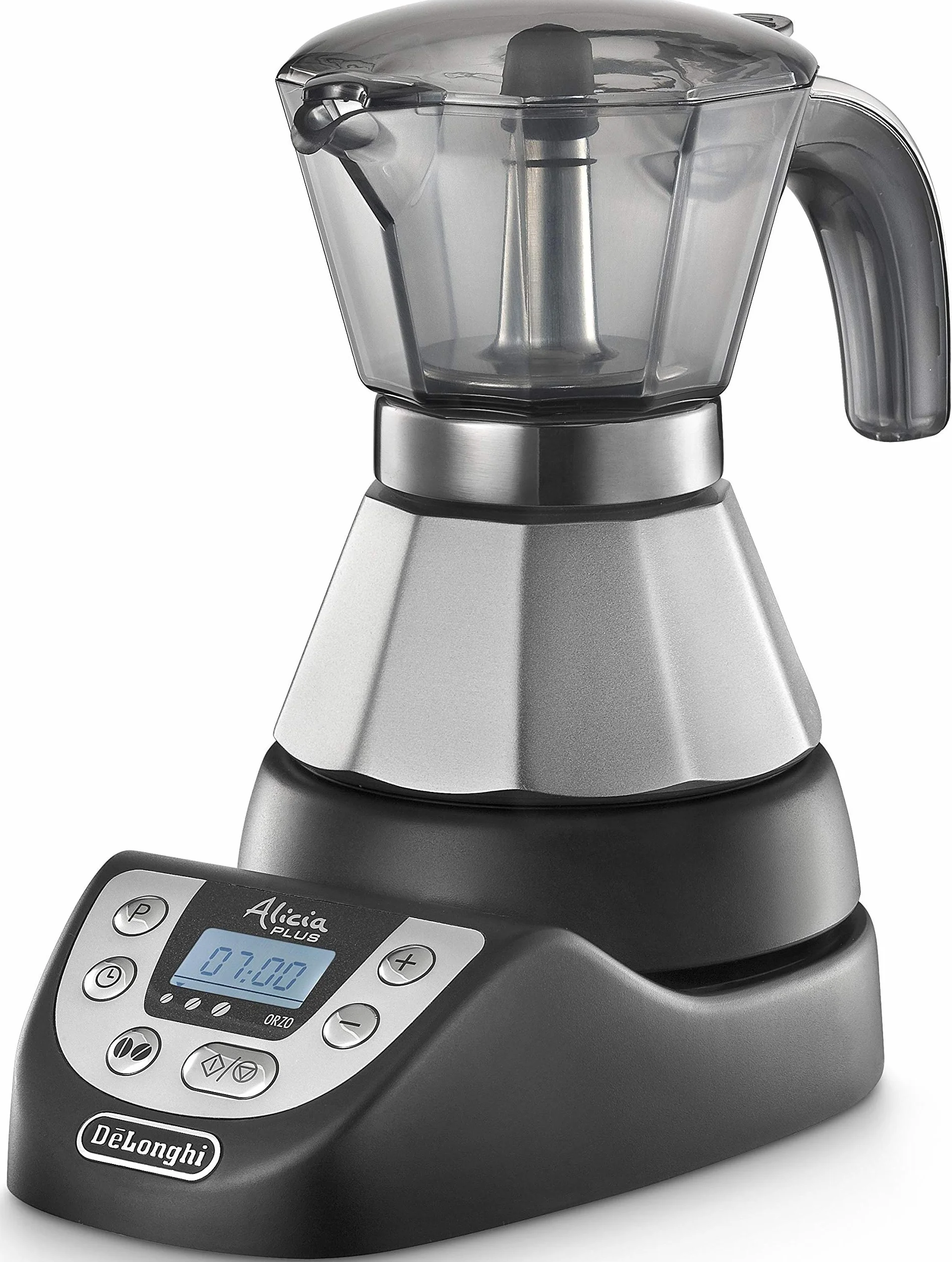DeLonghi EMKP 21.B Cafetera moka eléctrica, 450 W, cronómetro, 2 tazas, acero inoxidable, negro y plateado