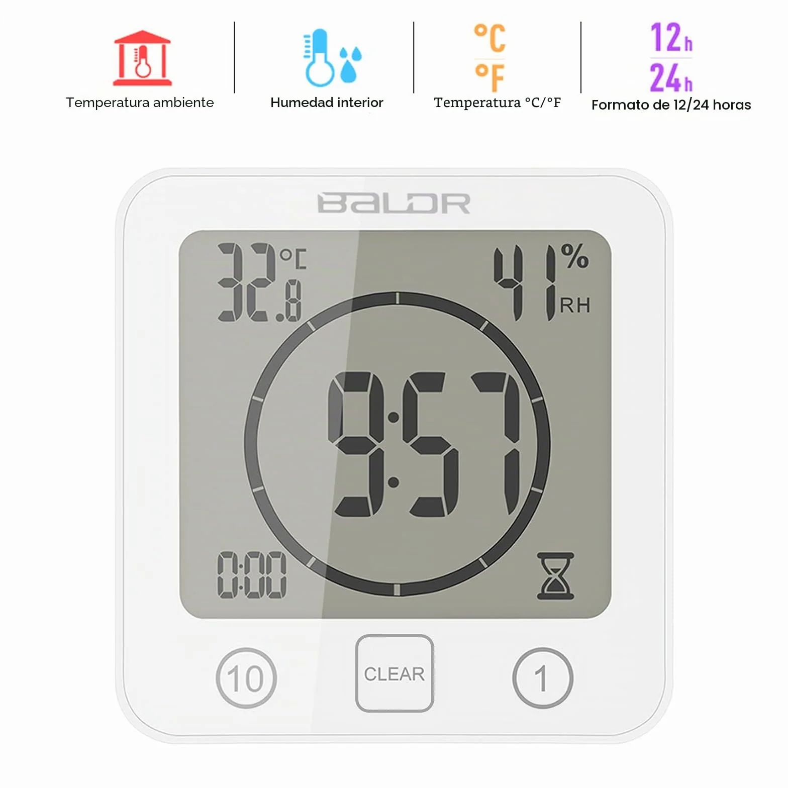 ZONJIE Reloj de baño impermeable digital con temporizador, ventosa, indicador temperatura humedad, táctil (blanco)