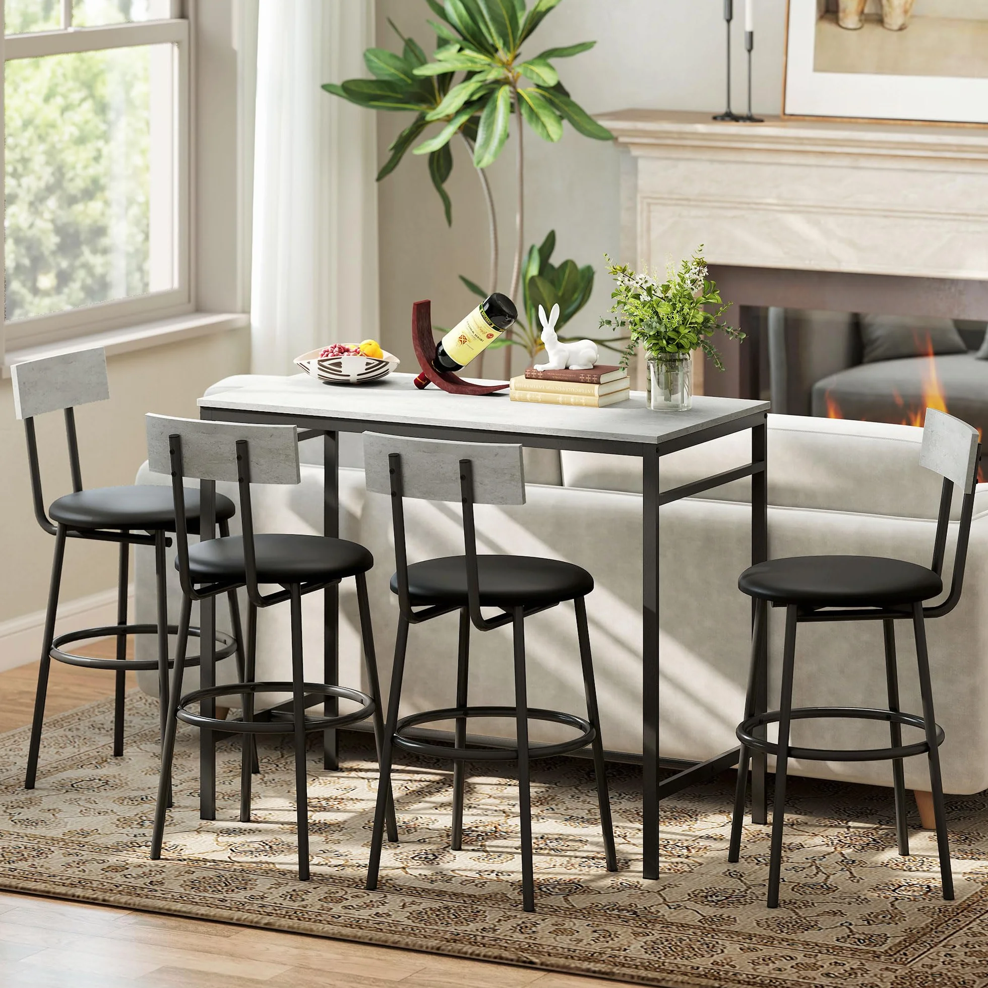 HOMCOM Juego de Mesa de Bar con 4 Taburetes de Cuero PU, Sillas de Bar y Cocina Ahorran Espacio, Patas de Acero, Estilo Moderno, Mesa Alta para Comedor