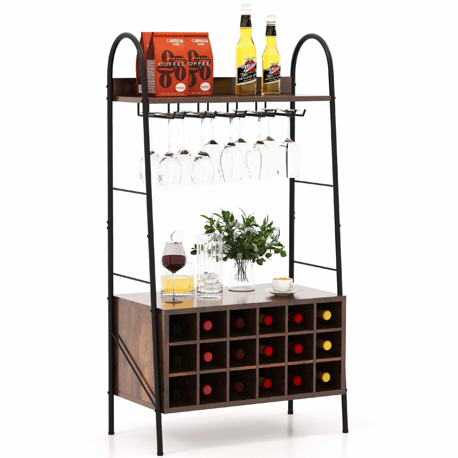 KOMFOTTEU Botellero para 18 Botellas, Estantería para Vino con Soporte para 15 Copas, Organizador de Botellas con Estantes Abiertos para Cocina, Comedor, Bar, 63 x 32 x 114,5 cm