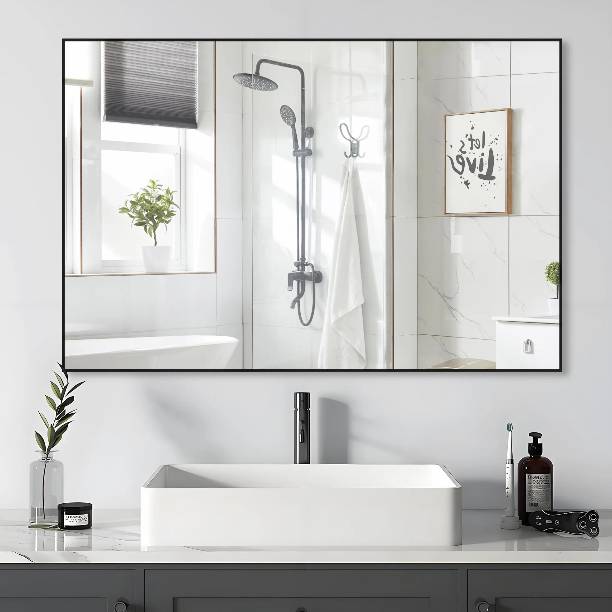 Espejo de Pared 91x61 cm Espejo de baño con Marco de Metal Negro
