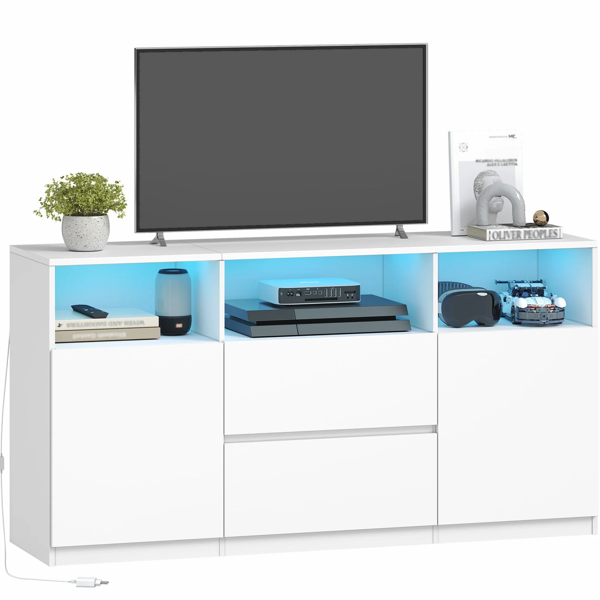 Hzuaneri Mueble de TV, Mesa de TV de hasta 65 Pulgadas, con Luces LED, 2 Cajones, 2 Gabinete y 3 Compartimentos, 147 x 40 x 76 cm, para Salón, Dormitorio, Blanco TV17003XEU