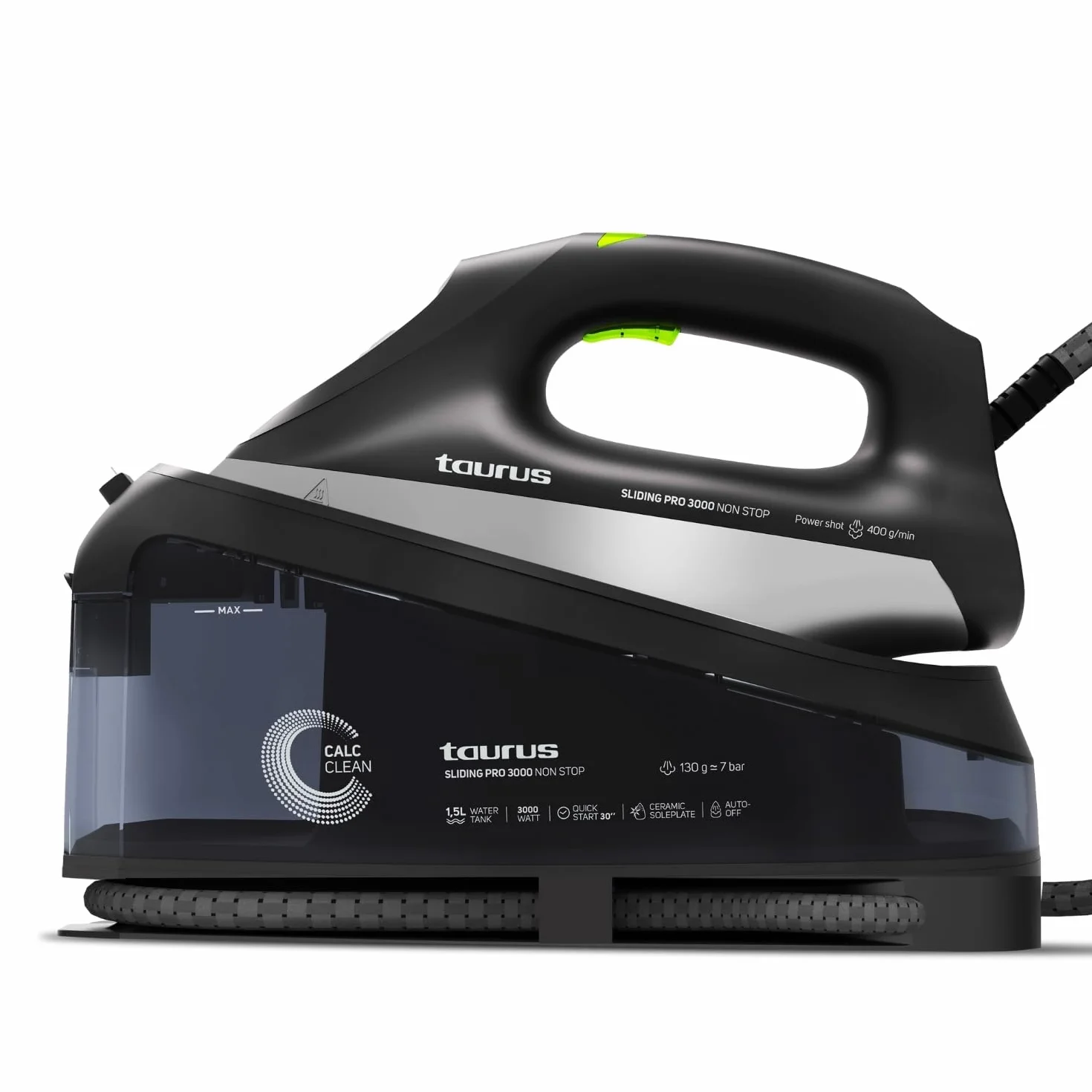 Taurus - Centro Planchado Sliding Pro 3000 Non Stop | 3000W | Vapor 130 g/min | Golpe 400 g/min | Plancha Vertical | Suela Cerámica | ECO y MAX | Depósito 1.5L | Autolimpieza | Bloqueo | Negro