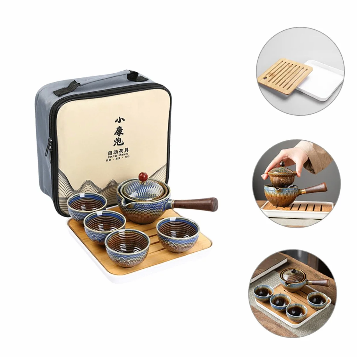 Juego de Té de Cerámica 1 Set de Viaje Portátil para Hogar | Bambú y Madera, Bolsa de Almacenamiento, Diseño Elegante, para Apasionados del Té, Formato Compacto