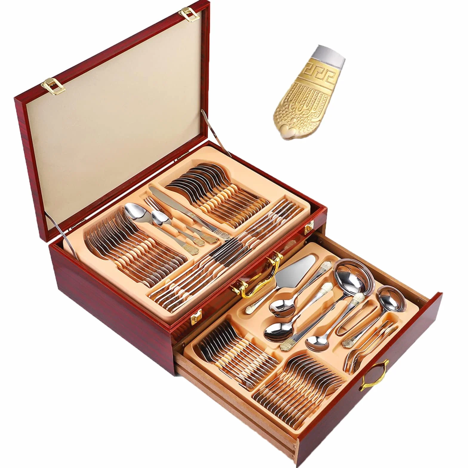 Juego de cubiertos de acero inoxidable para 12 piezas, juego de cubiertos de 45 piezas con cuchillos, tenedores y cucharas, elegantes utensilios de comedor en caja de regalo de madera para fiestas