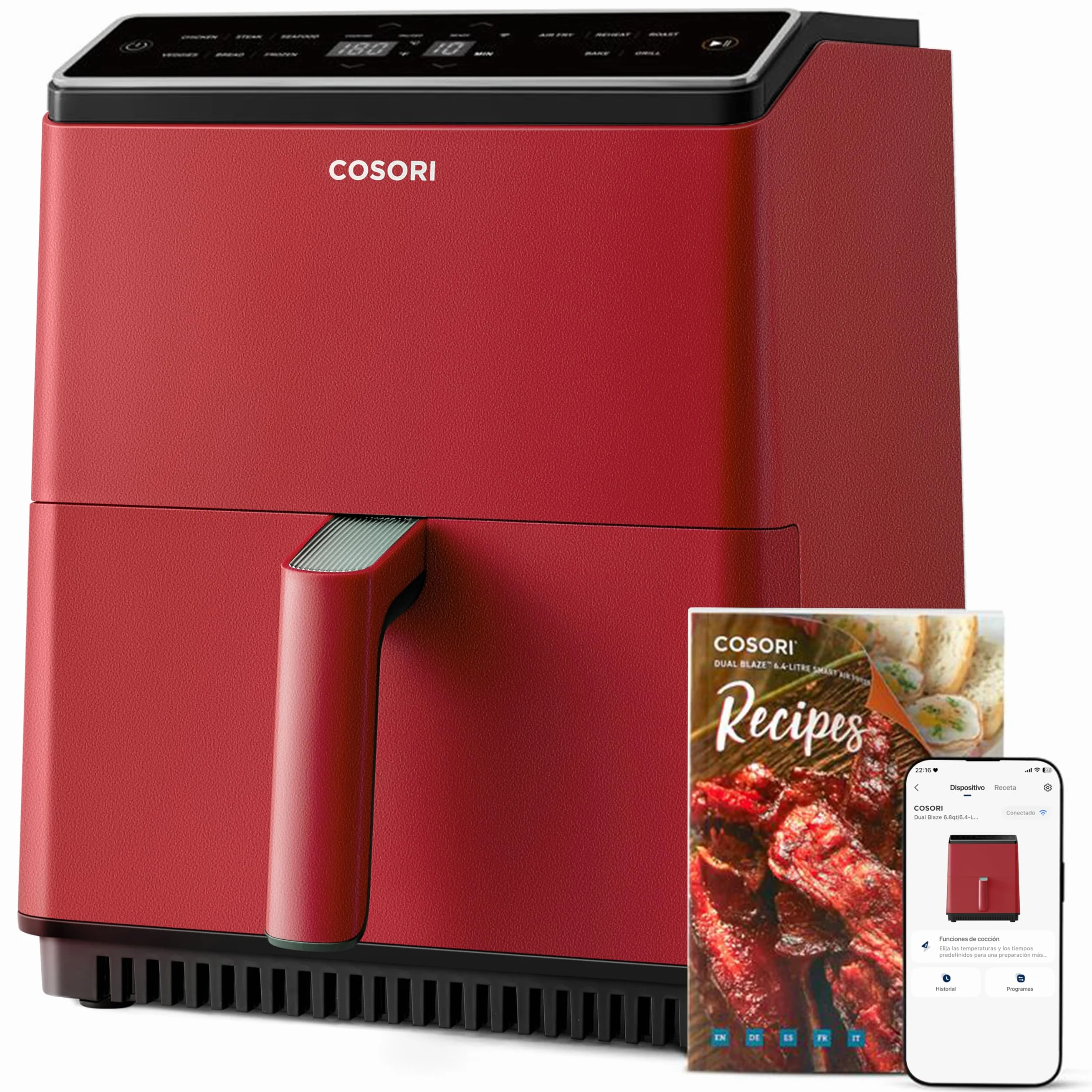 Cosori Freidora de Aire Dual Blaze 6,4L, Doble Resistencia, 11 Modos, WIFI | Inteligente con APP, Tiempo y Temperatura Ajustables, 90+ Recetas en Español por Chefs en App, Apta para Lavavajillas, Rojo