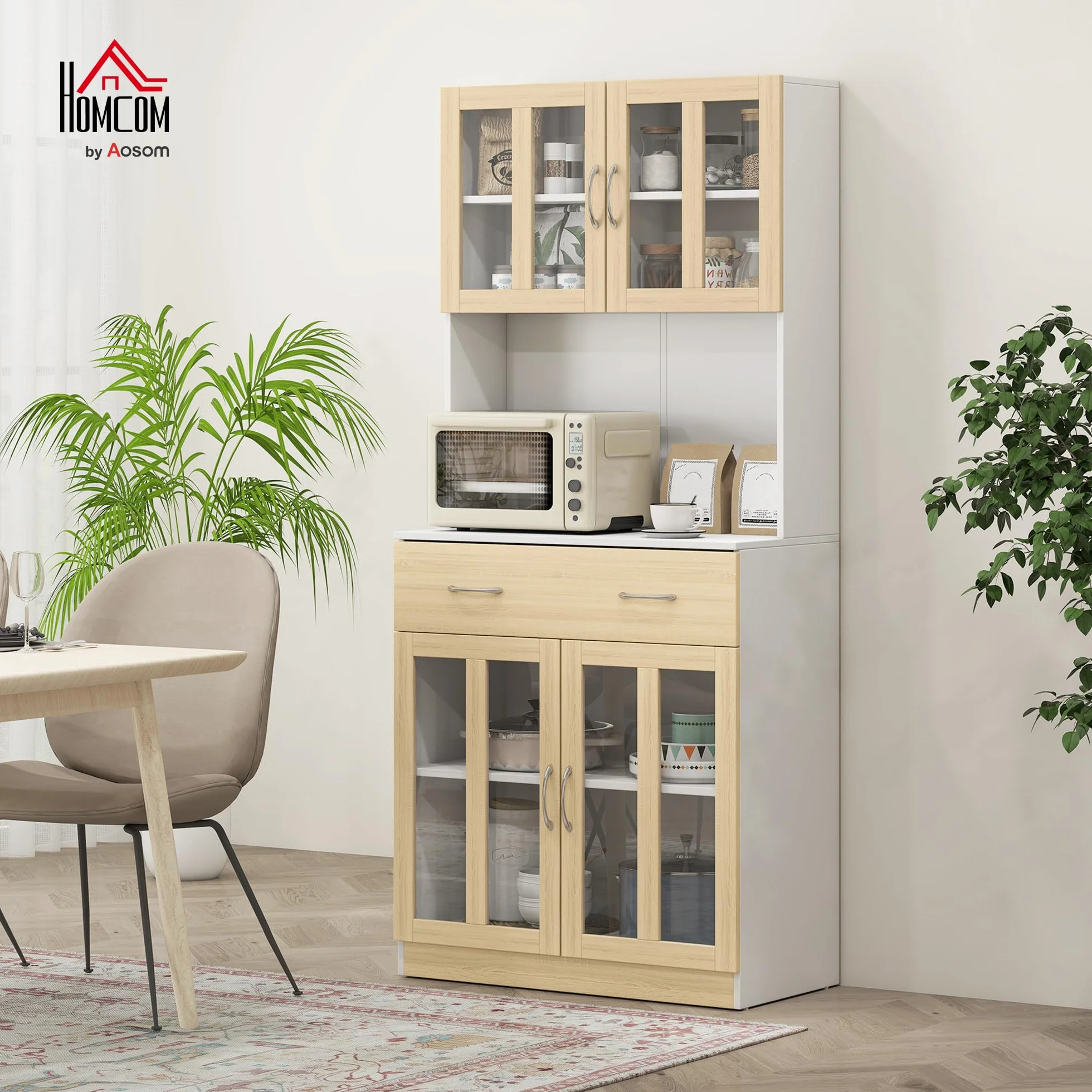 HOMCOM Alacena de Cocina Alta, Mueble Auxiliar de Cocina, con 4 Puertas de Vidrio, Encimera Abierta para Microondas, Cajón, Estantes Ajustables, 80x40x180 cm, Blanco y Natural