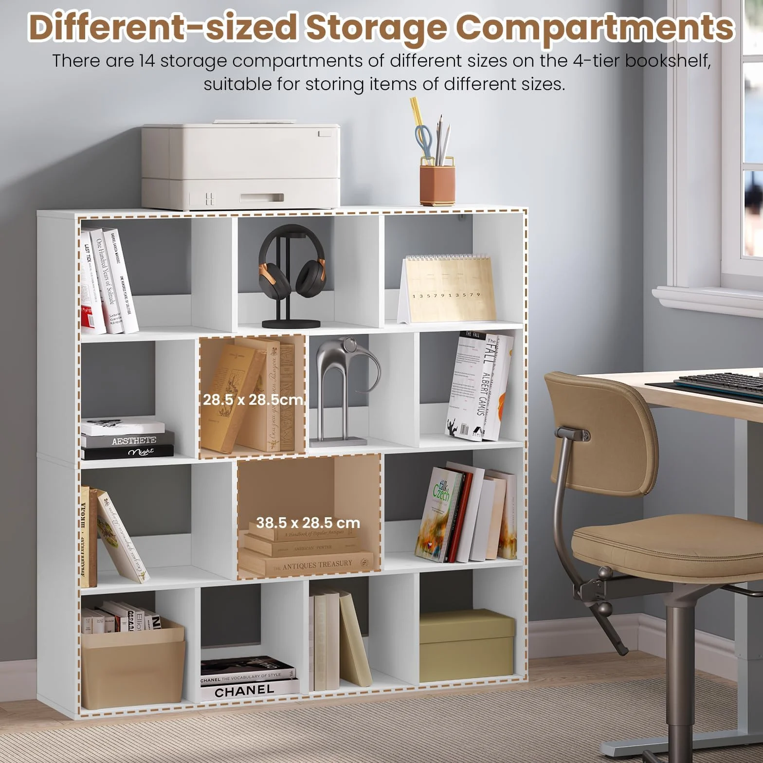 eSituro Estantería para Libros, Librería de Cubo de 14 Compartimentos | Estantería de Almacenamiento, Biblioteca Estantería para Dormitorio, Oficina y Salón, 120x30x120 cm, Blanco