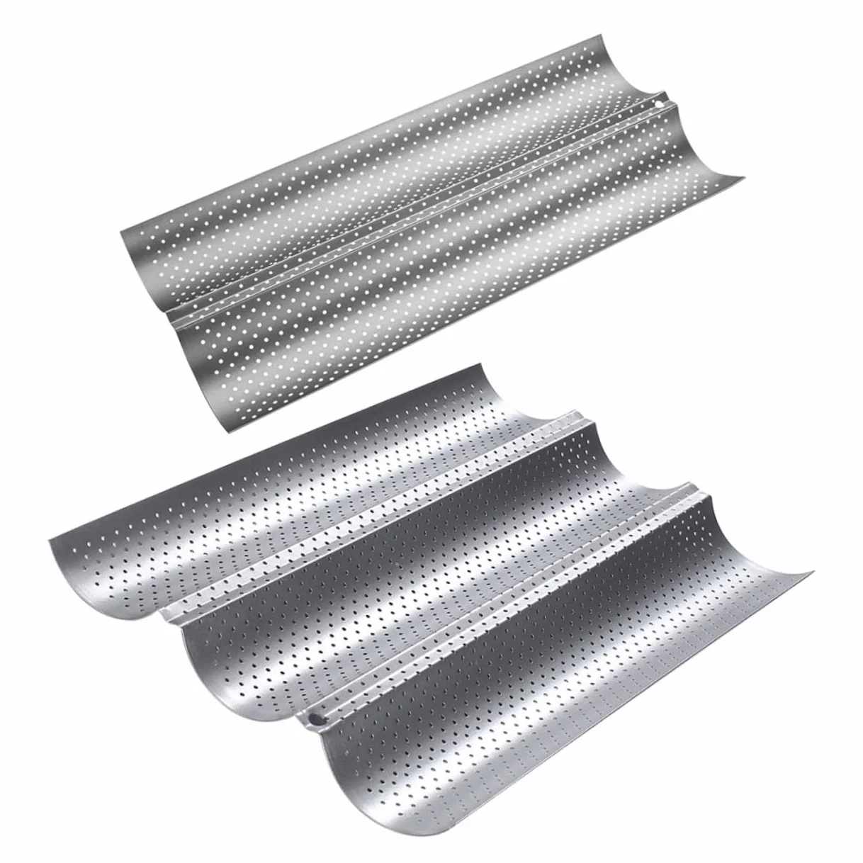 Molde para Pan Francés Ondulado Antiadherente Plateado Mediano y Pequeño, Bandeja para Hornear 3 y 2 Ranuras, Acero Duradero, para Cocina y Repostería, Set de 2 Piezas