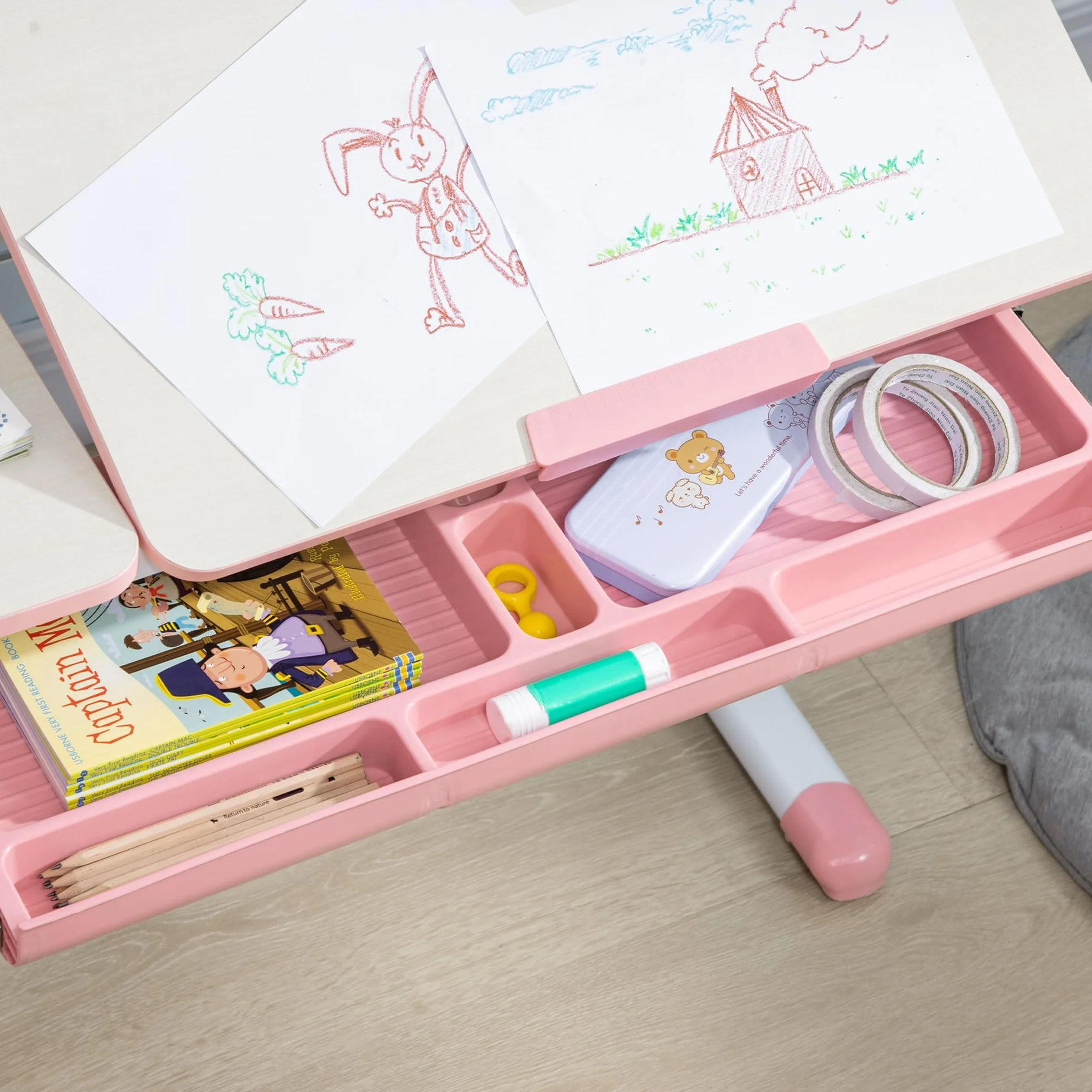 HOMCOM Pupitre Infantil Altura Ajustable con Cajón y Estante 80x52x88-109 cm Rosa y Blanco