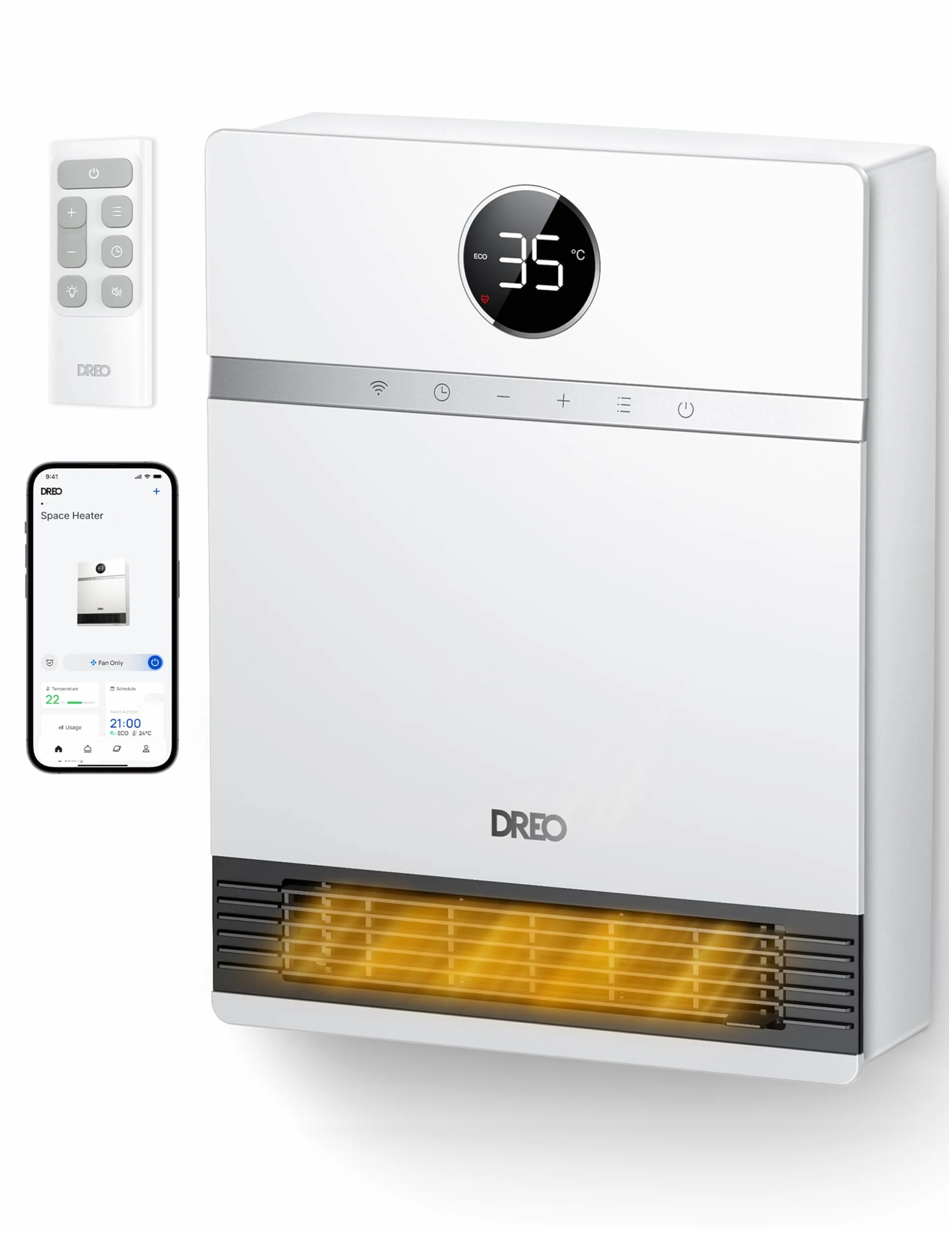 Dreo Inteligente Calefactor Bajo Consumo, Oscilación de 30°, 2000W Termoventilador Electrico, Calefactor Baño Pared, Termostato Ajustable, Control Remoto, 24H Temporizador, Instalación Sencilla, Alexa