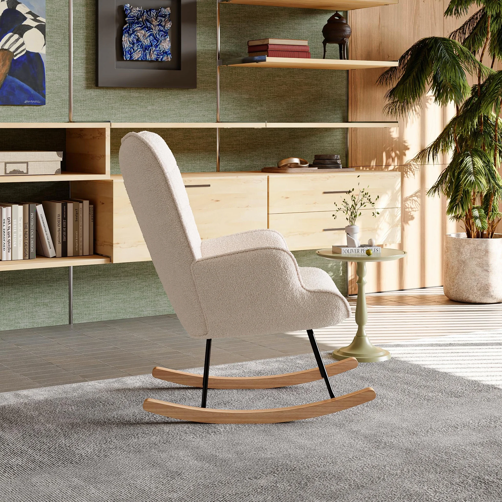 KeepGoon Mecedora para dormitorio, salón, columpio, silla de relax, silla balancín, silla de acento para dormitorio, salón, mecedora de terciopelo de peluche con respaldo a cuadros (beige)