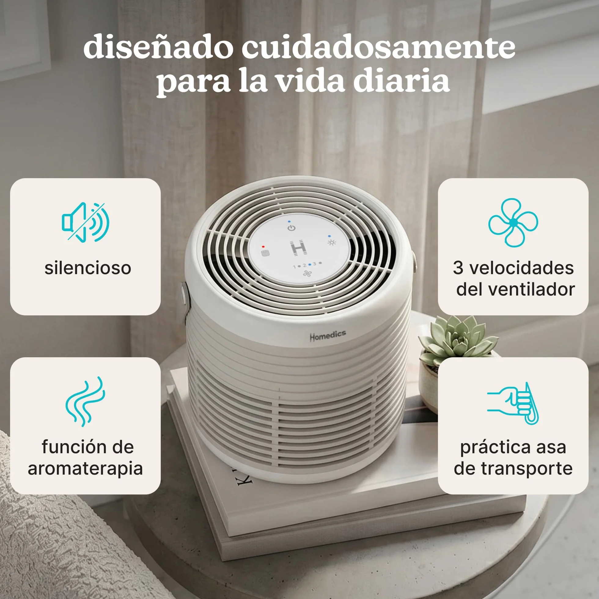 Homedics WhisperPure Comfort Purificador de Aire, True HEPA, Piedra | Silencioso, Portátil, Filtros con Filtración 3 en 1 contra Polvo, Polen y Olores, 3 Velocidades, Hogar y Oficina