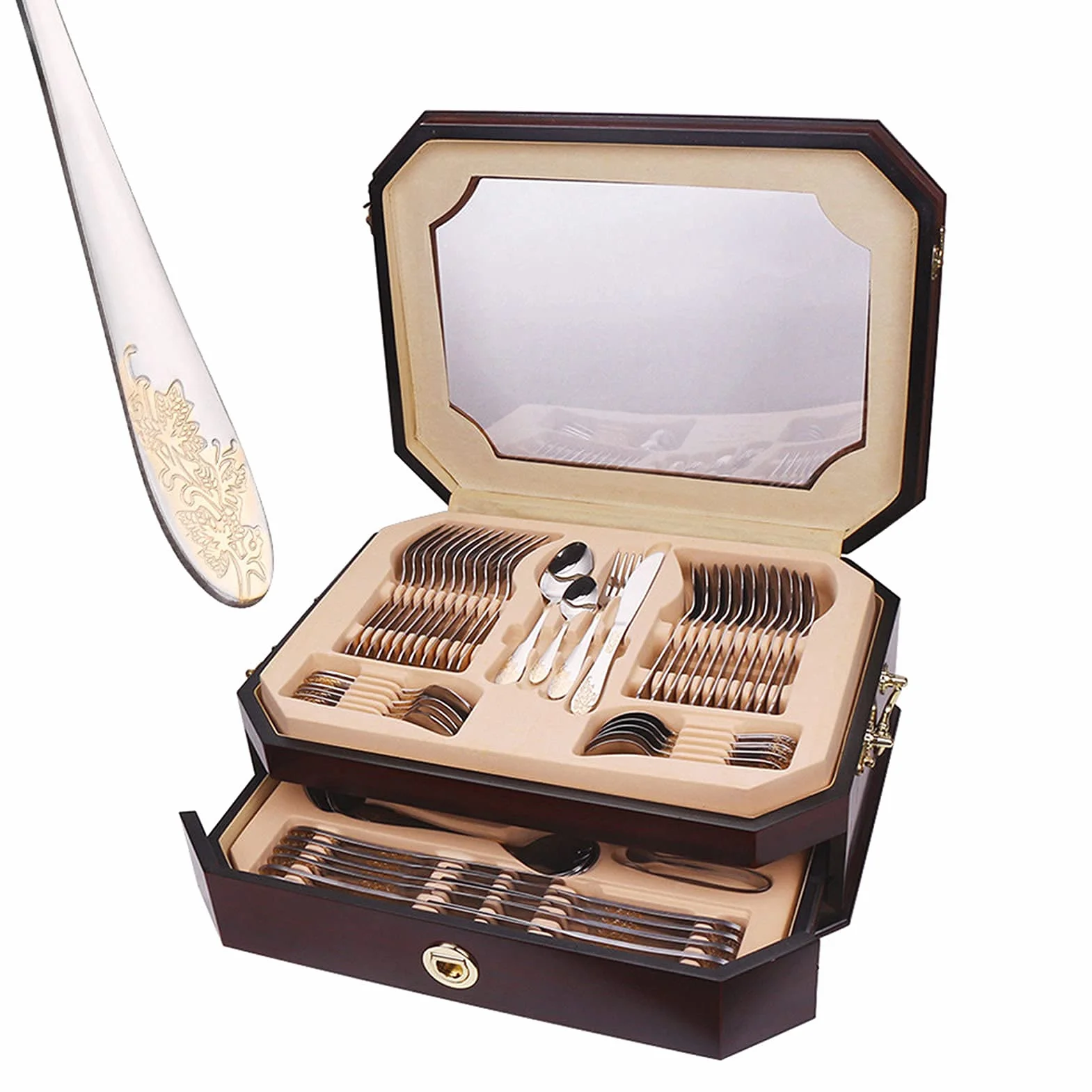 Juego de Cubiertos para 12 Personas, Acero Inoxidable, con Tallado Exquisito y Caja de Madera, vajilla (Flores 72 Piezas)