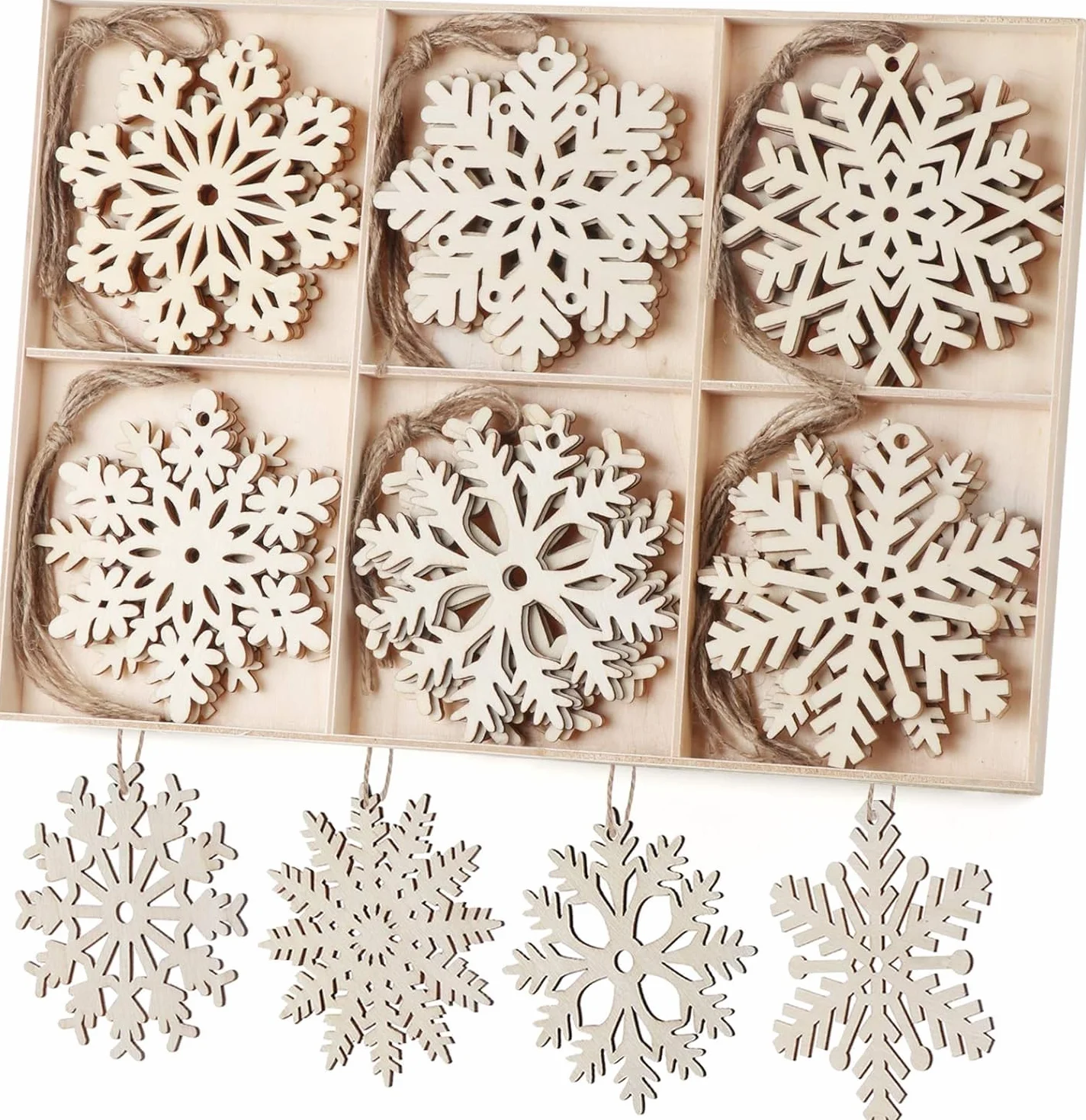 Copos de Nieve de Madera ilauke 30 Piezas, 10 Estilos Ahuecados con Cuerda para Decoración Navideña