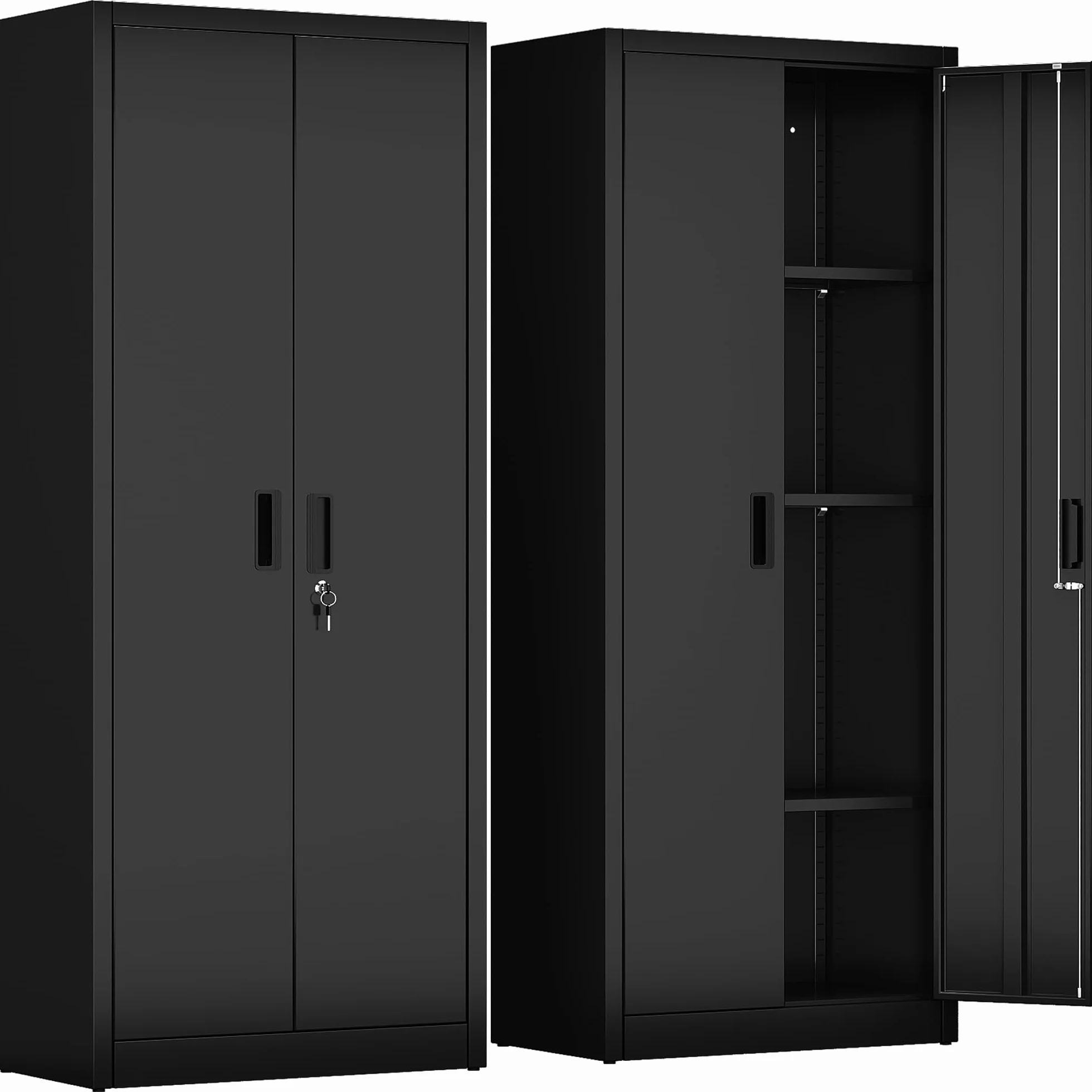 Armario de almacenamiento de metal con 2 puertas y 3 estantes ajustables, armario de almacenamiento con cerradura de 170 cm, garaje, hogar, oficina, fácil de montar (negro)